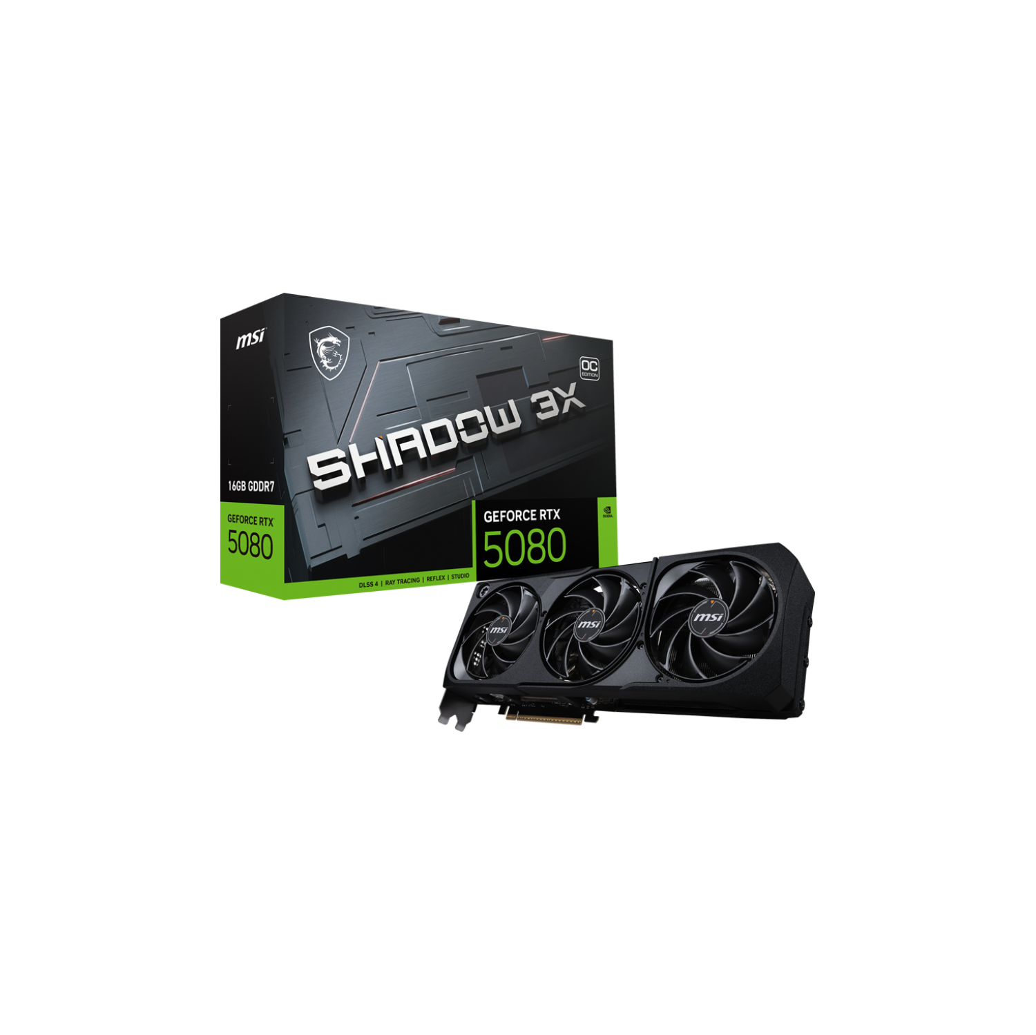 MSI RTX 5080 16G SHADOW 3X OC Graphics Card, GDDR7 16G, PCI-E 5, 30Gbps, 256 bits, 16-pin x 1, HDMI 1 (2.1b), DP 3 (2.1a)