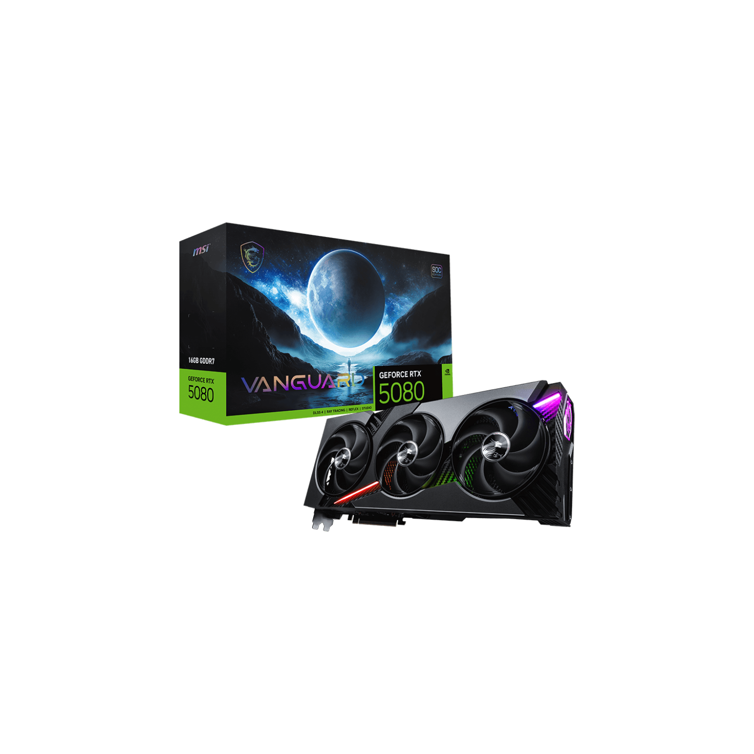 MSI RTX 5080 16G VANGUARD SOC Graphics Card, GDDR7 16G, PCI-E 5, 30Gbps, 256 bits, 16-pin x 1, HDMI 1 (2.1b), DP 3 (2.1a)