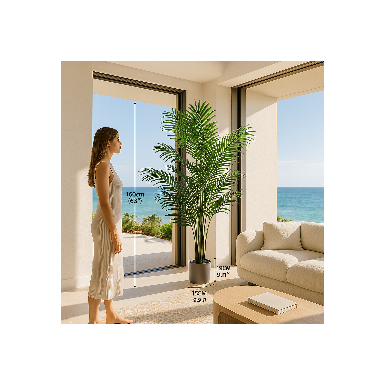 160cm Realistic Artificial palm Tree – 15 Leaves – Tropical Floor Plant with Premium Pot and ultra Natural Touch – Home, Office, Hotel, or Commercial