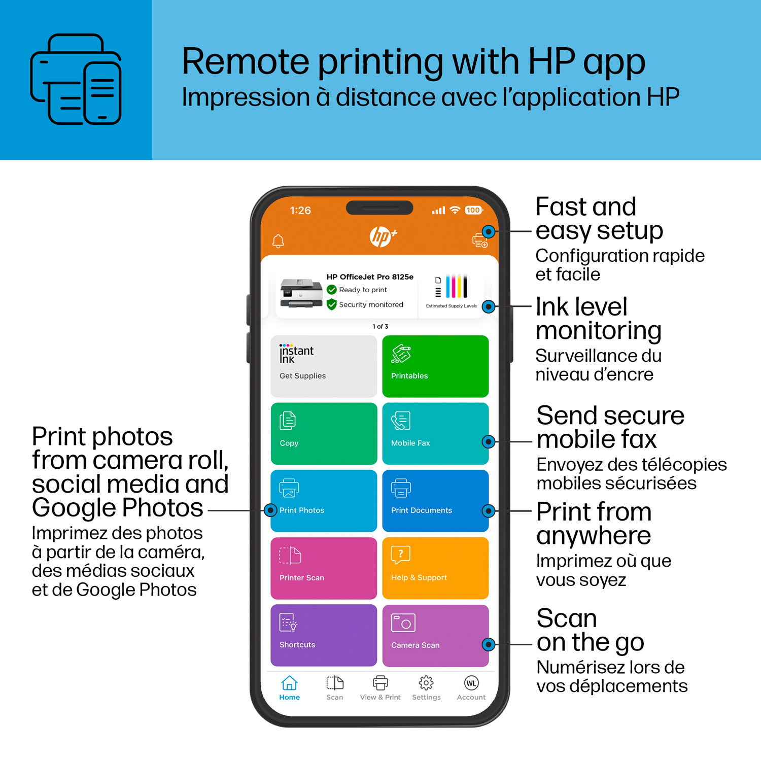 Imprimante à jet d'encre tout-en-un sans fil OfficeJet Pro 8125e de HP - Essai de 3 mois de Instant Ink de HP inclus*