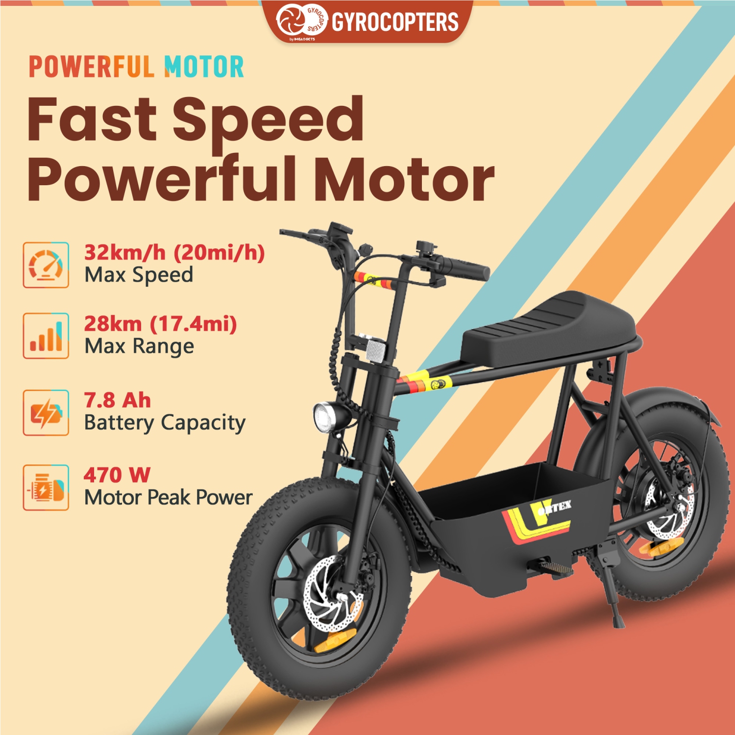 Gyrocopters Vortex Electric Scooter with Seat | UL2272 Safe | 470W Peak Motor 16*3 Inch Wear Resistant Fat Tires | Speed Upto 32km/h | Range Upto