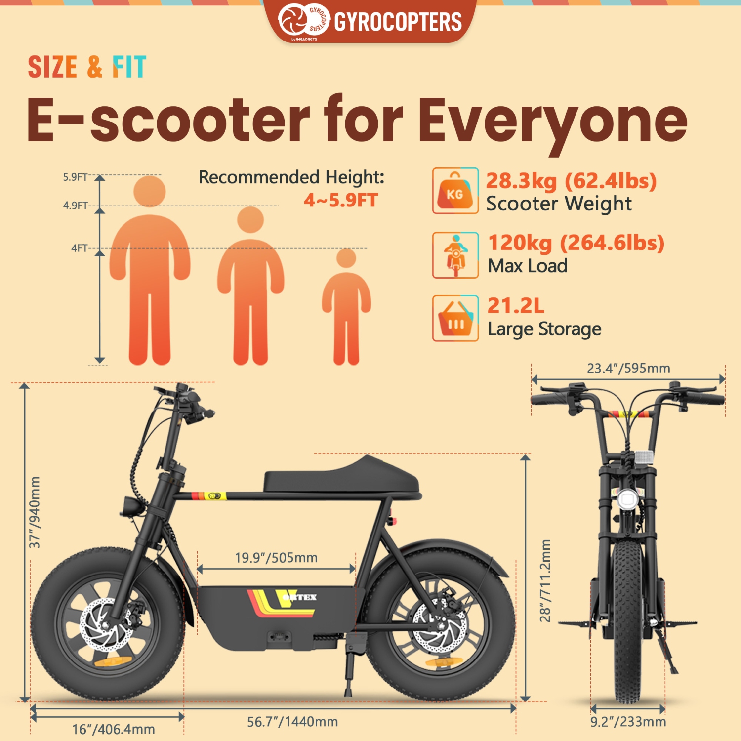 Gyrocopters Vortex Electric Scooter with Seat | UL2272 Safe | 470W Peak Motor 16*3 Inch Wear Resistant Fat Tires | Speed Upto 32km/h | Range Upto