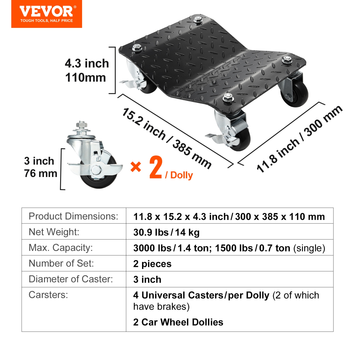 VEVOR 3000 lbs/1360 kg Wheel Dolly, Car Dollies, Wheel Dolly Car Tire Stake Set of 2 Piece, Heavy-duty Car Tire Dolly Moving Cars, Trucks, Trailers,