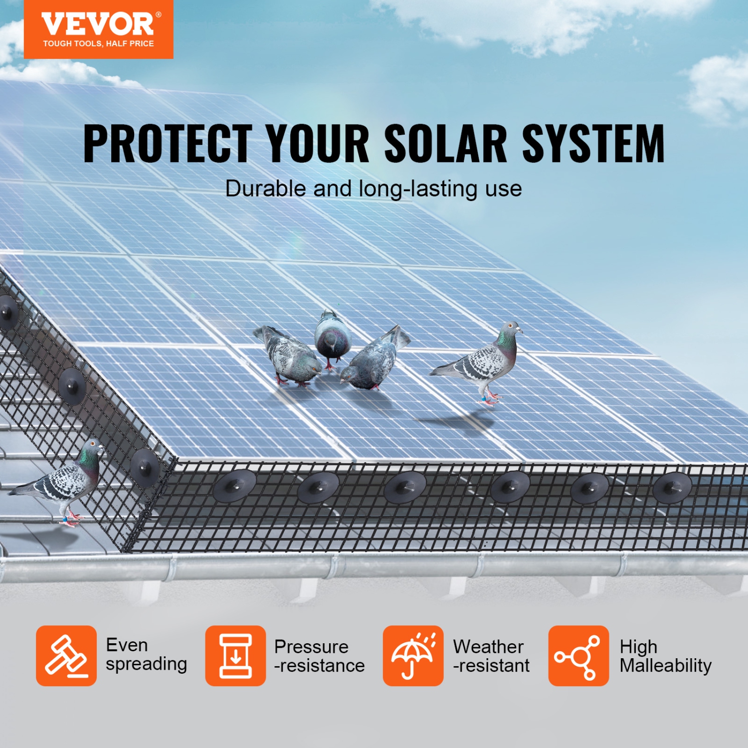 VEVOR 8 inch x 100ft Solar Panel Bird Guard, Critter Guard Roll Kit with 100pcs Aluminum Alloy Fasteners, Solar Panel Guard with Rust-proof PVC