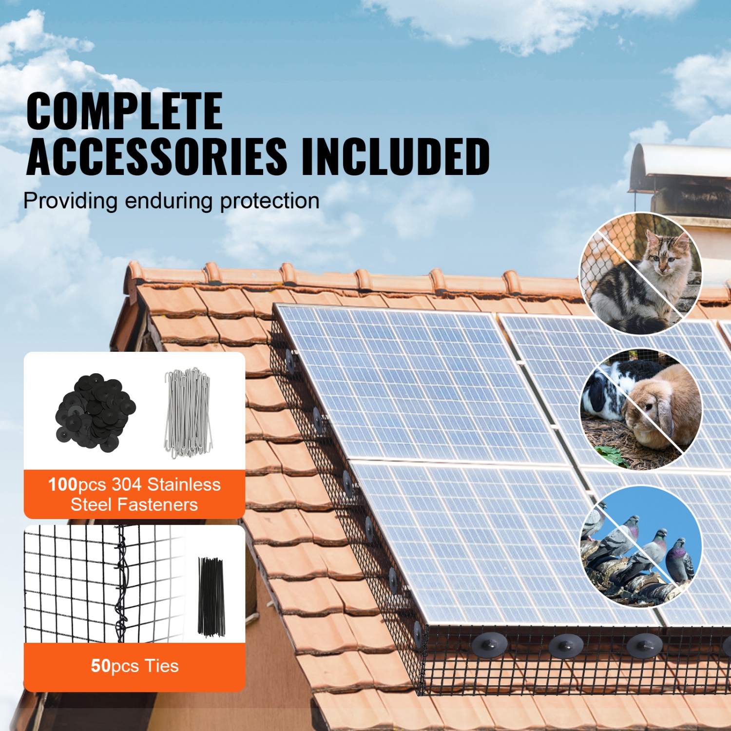 VEVOR 8 inch x 100ft Solar Panel Bird Guard, Critter Guard Roll Kit with 100pcs Aluminum Alloy Fasteners, Solar Panel Guard with Rust-proof PVC