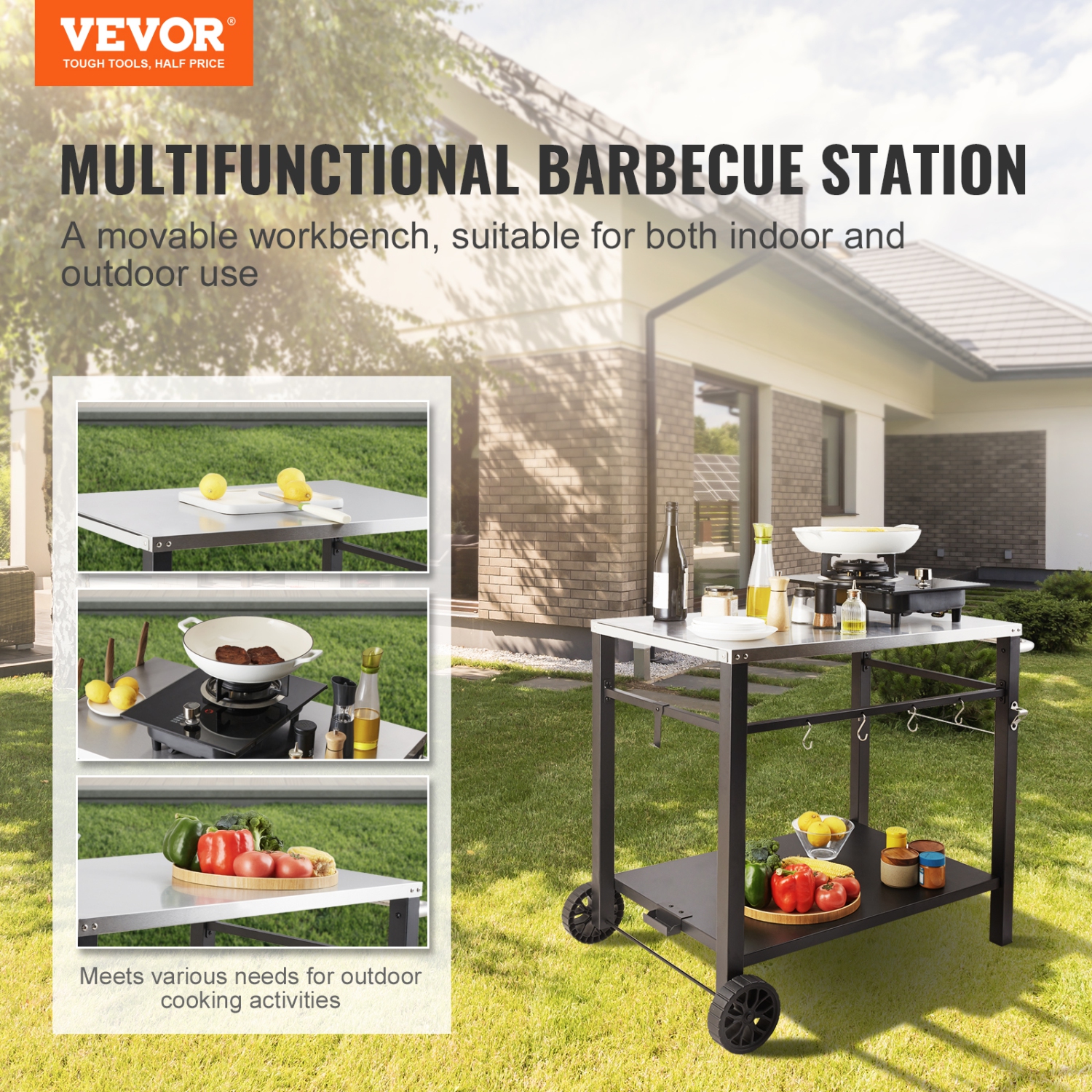 VEVOR Outdoor Grill Dining Cart with Double-Shelf, BBQ Movable Food Prep Table, Multifunctional Stainless Steel Table Top, Portable Modular Carts for