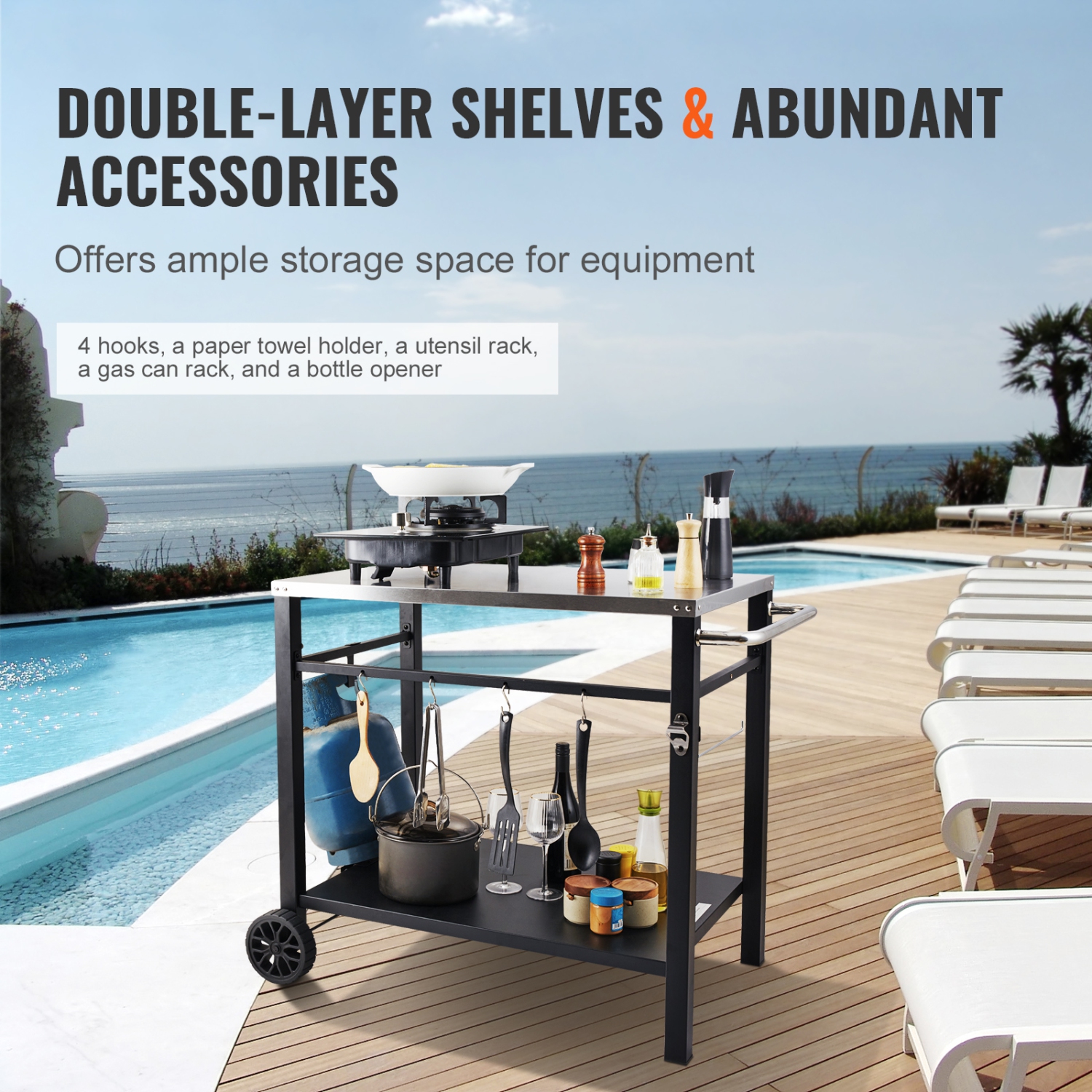 VEVOR Outdoor Grill Dining Cart with Double-Shelf, BBQ Movable Food Prep Table, Multifunctional Stainless Steel Table Top, Portable Modular Carts for