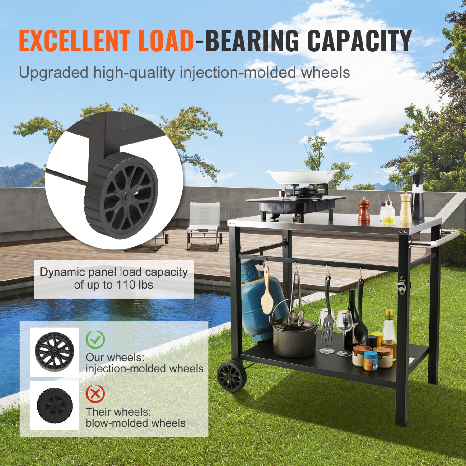 VEVOR Outdoor Grill Dining Cart with Double-Shelf, BBQ Movable Food Prep Table, Multifunctional Stainless Steel Table Top, Portable Modular Carts for