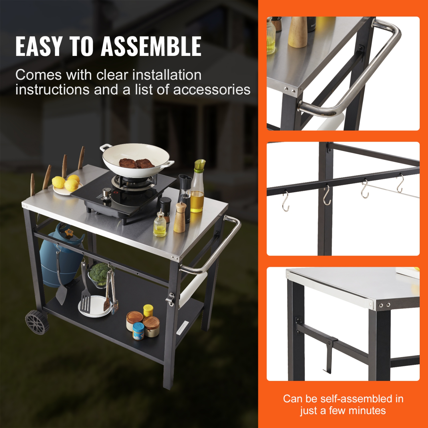 VEVOR Outdoor Grill Dining Cart with Double-Shelf, BBQ Movable Food Prep Table, Multifunctional Stainless Steel Table Top, Portable Modular Carts for