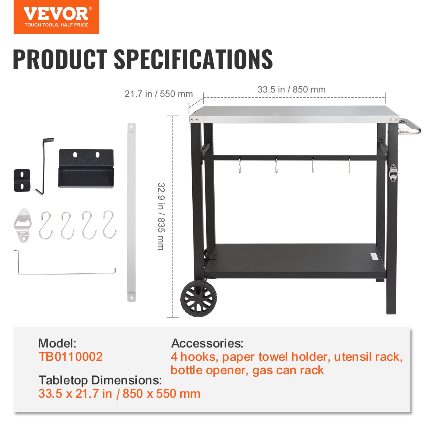 VEVOR Outdoor Grill Dining Cart with Double-Shelf, BBQ Movable Food Prep Table, Multifunctional Stainless Steel Table Top, Portable Modular Carts for