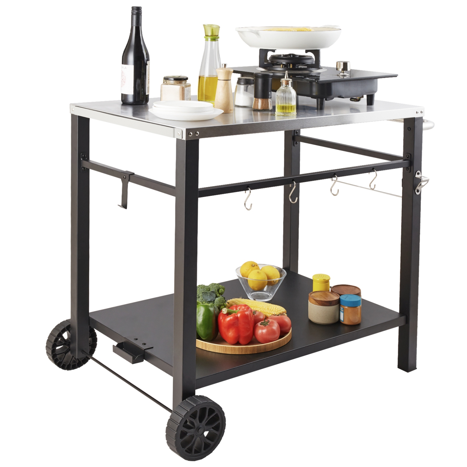 VEVOR Outdoor Grill Dining Cart with Double-Shelf, BBQ Movable Food Prep Table, Multifunctional Stainless Steel Table Top, Portable Modular Carts for