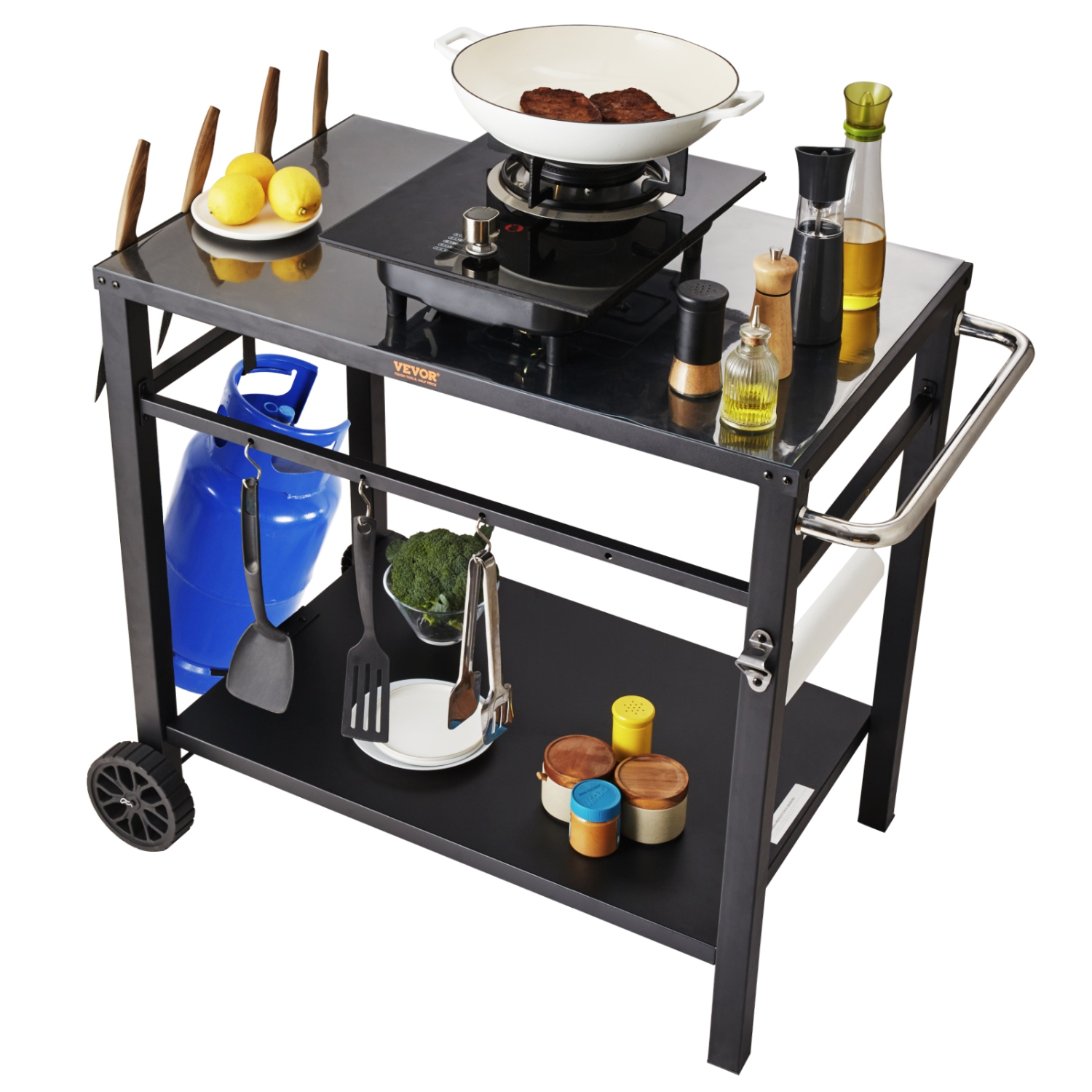 VEVOR Outdoor Grill Dining Cart with Double-Shelf, BBQ Movable Food Prep Table, Multifunctional Iron Table Top, Portable Modular Carts for Pizza