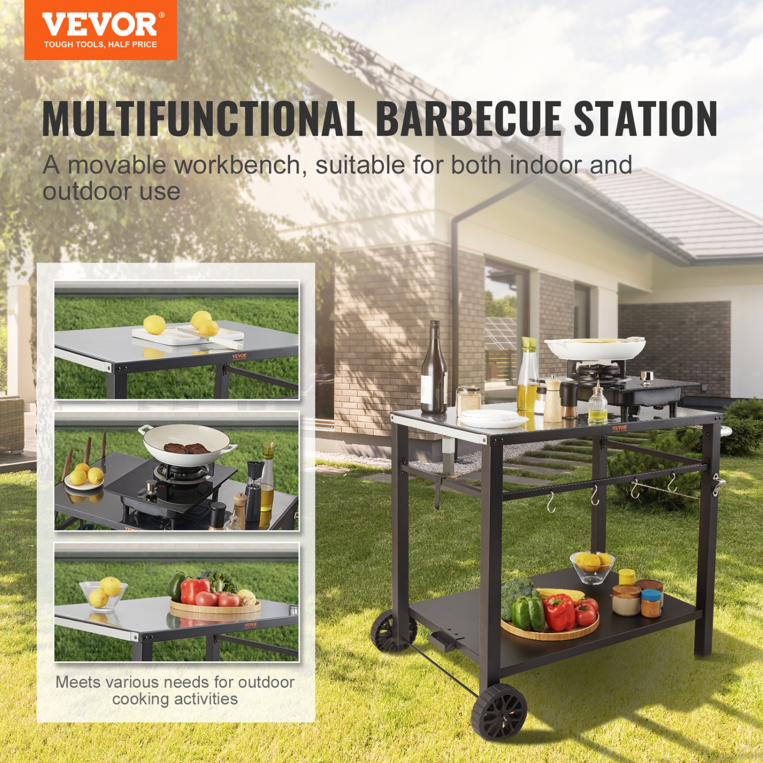 VEVOR Outdoor Grill Dining Cart with Double-Shelf, BBQ Movable Food Prep Table, Multifunctional Iron Table Top, Portable Modular Carts for Pizza