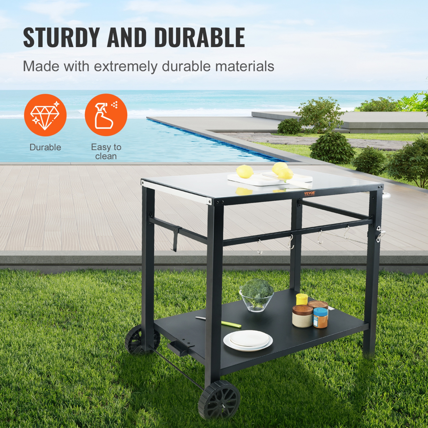 VEVOR Outdoor Grill Dining Cart with Double-Shelf, BBQ Movable Food Prep Table, Multifunctional Iron Table Top, Portable Modular Carts for Pizza