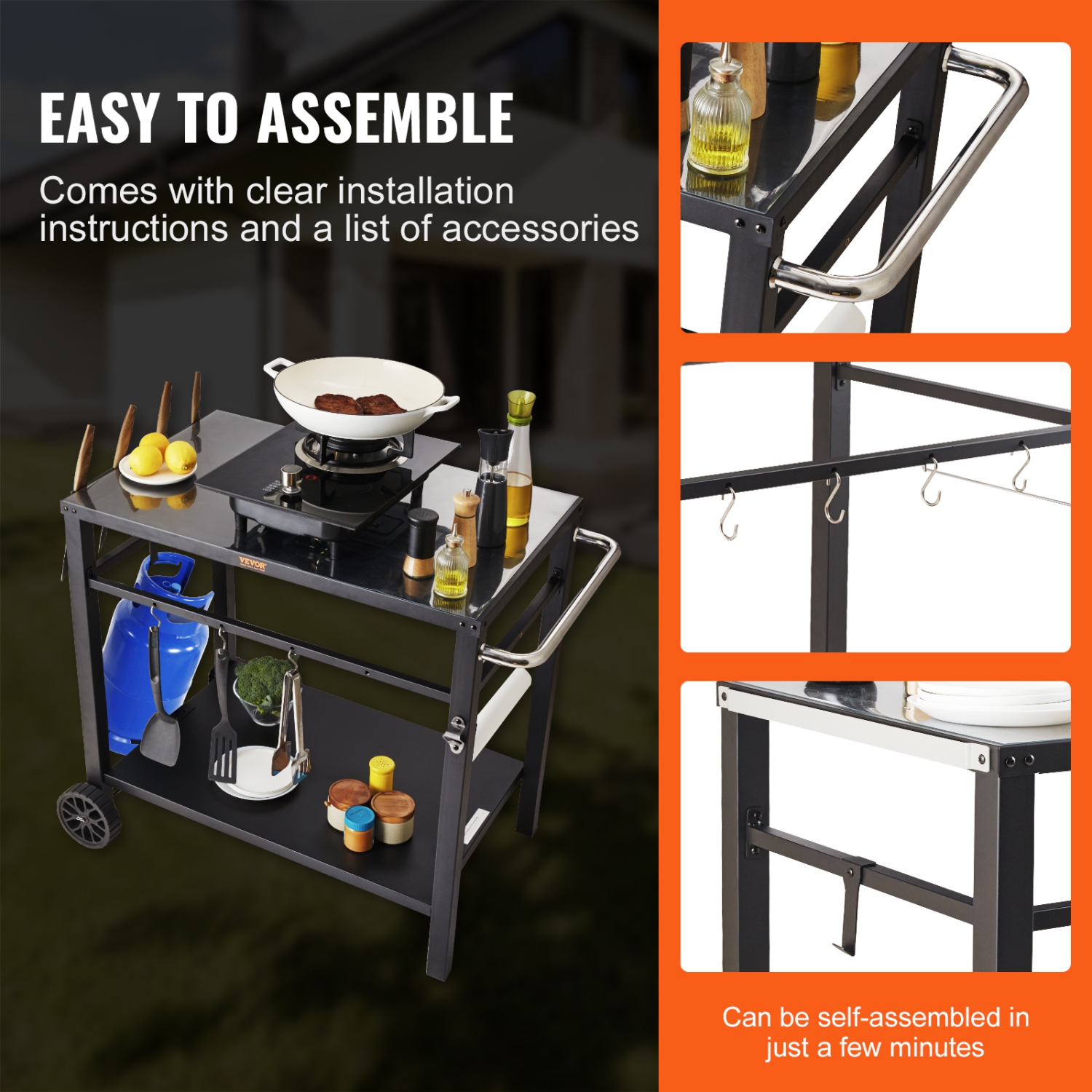 VEVOR Outdoor Grill Dining Cart with Double-Shelf, BBQ Movable Food Prep Table, Multifunctional Iron Table Top, Portable Modular Carts for Pizza