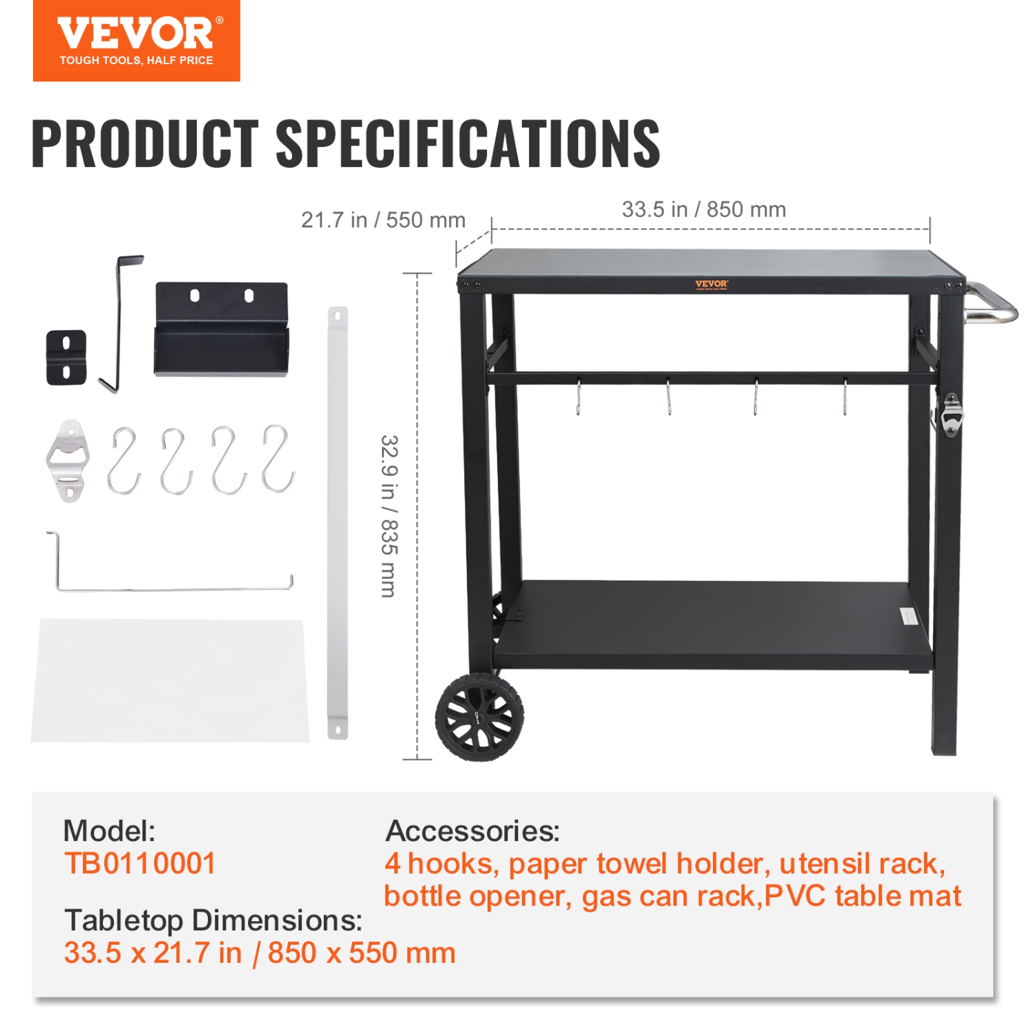 VEVOR Outdoor Grill Dining Cart with Double-Shelf, BBQ Movable Food Prep Table, Multifunctional Iron Table Top, Portable Modular Carts for Pizza
