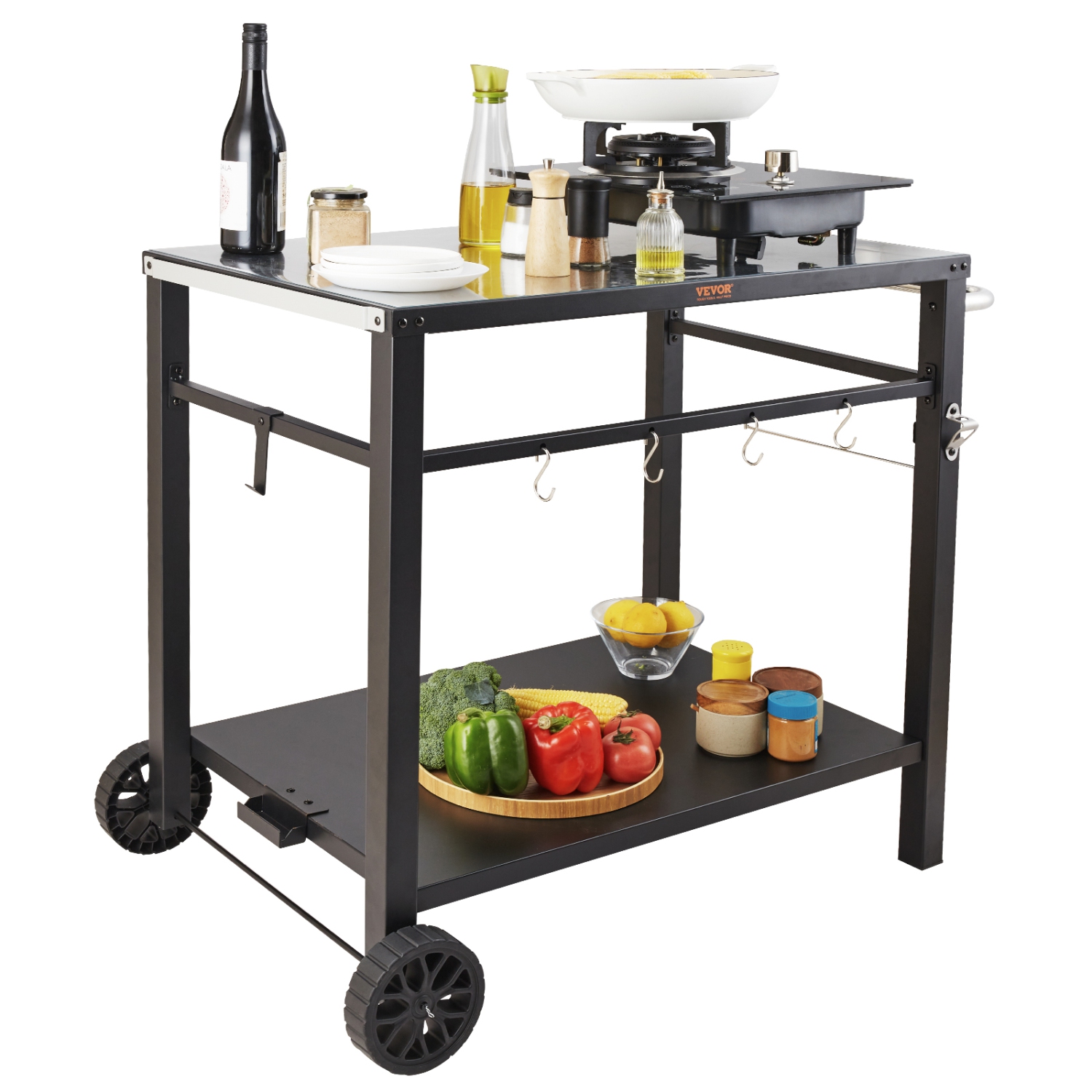 VEVOR Outdoor Grill Dining Cart with Double-Shelf, BBQ Movable Food Prep Table, Multifunctional Iron Table Top, Portable Modular Carts for Pizza