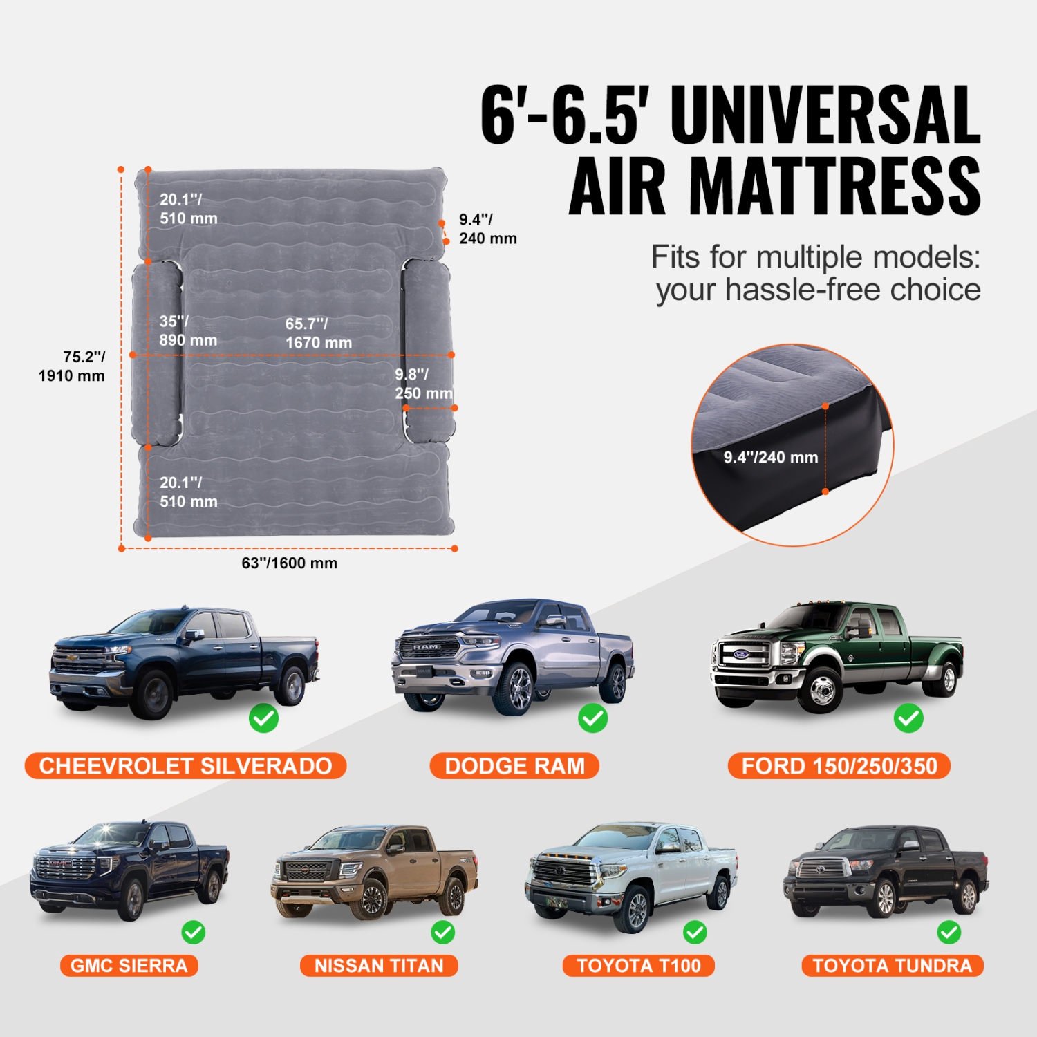 Matelas gonflable pour camion VEVOR 6-6.5&nbsp;pi, pour lits de camion pleine grandeur, lit de camping gonflable avec pompe à air 12&nbsp;V, 2