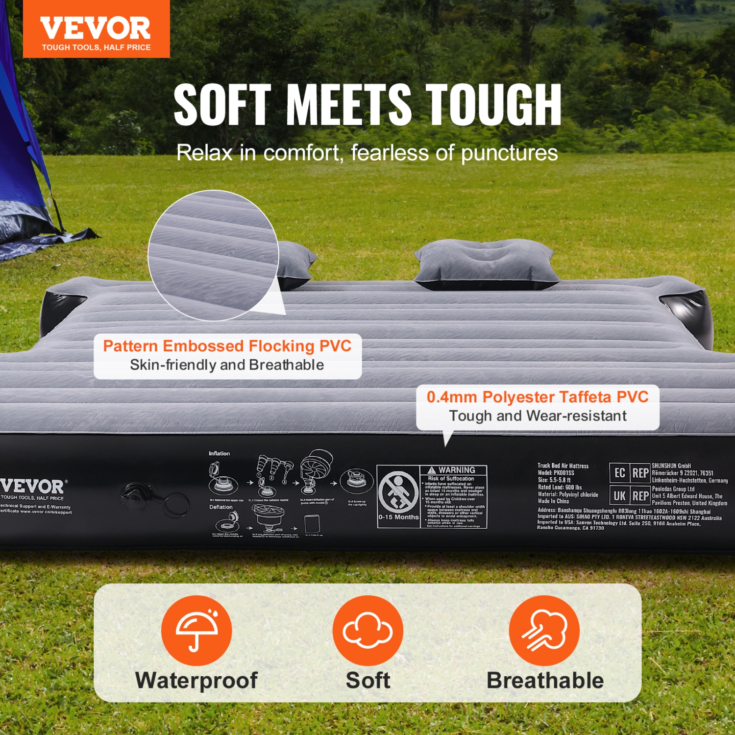 VEVOR 5.5-5.8 ft ,Truck Bed Air Mattress, for Full Size Short Truck Beds, Inflatable Air Mattress Camping Bed with 12V Air Pump 2 Pillows, Carry Bag,