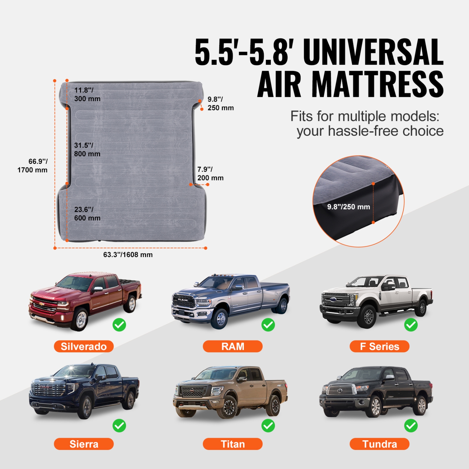 VEVOR 5.5-5.8 ft ,Truck Bed Air Mattress, for Full Size Short Truck Beds, Inflatable Air Mattress Camping Bed with 12V Air Pump 2 Pillows, Carry Bag,