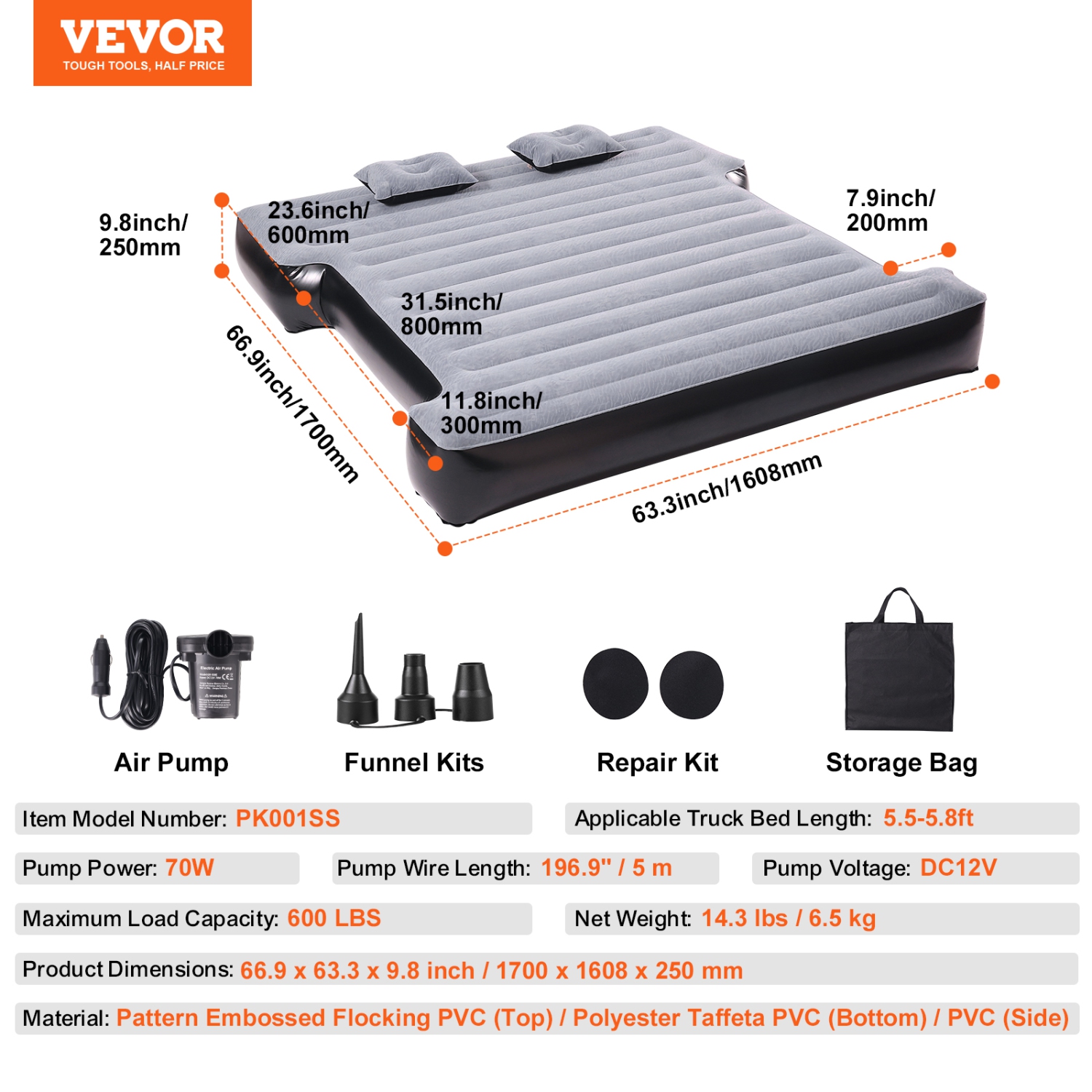 VEVOR 5.5-5.8 ft ,Truck Bed Air Mattress, for Full Size Short Truck Beds, Inflatable Air Mattress Camping Bed with 12V Air Pump 2 Pillows, Carry Bag,
