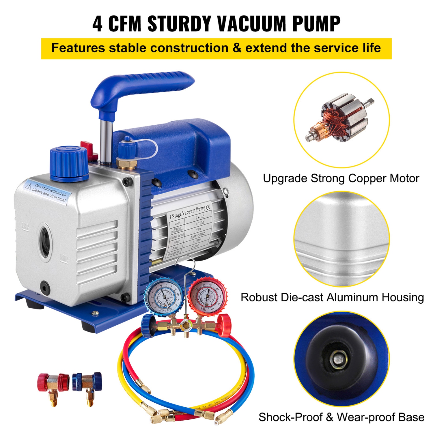 VEVOR 4CFM 1/4HP Vacuum Pump Air Vacuum Pump HVAC A/C Air Refrigerant Rotary Vane Vacuum Pump Single Stage 1 Valve AC Manifold Gauge Set