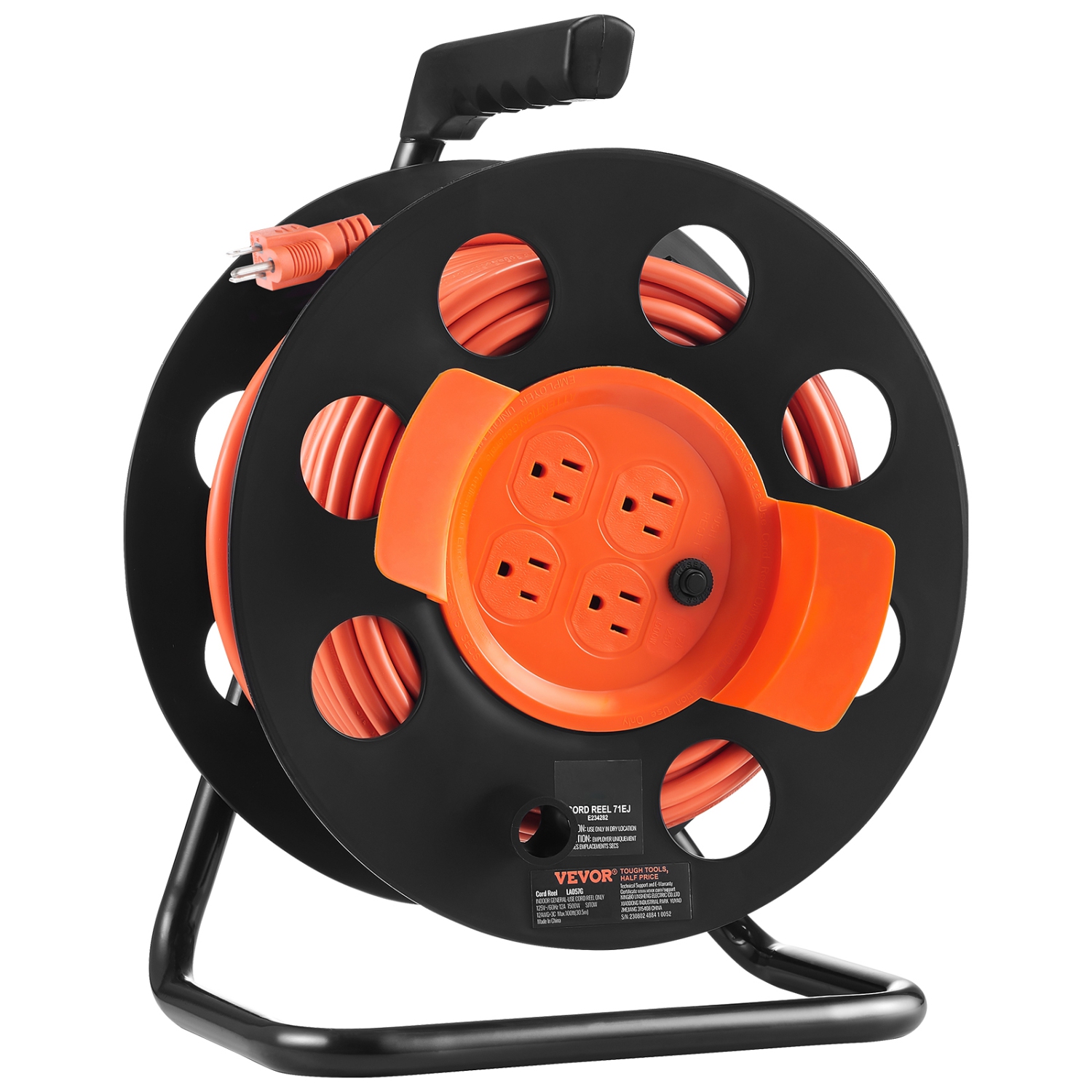 VEVOR 100FT Extension Cord Reel, with 4 Outlets and Dust Cover,Duty 12AWG SJTOW Power Cord, Manual Cord Reel with Handle Circuit Breaker,For Toolshed