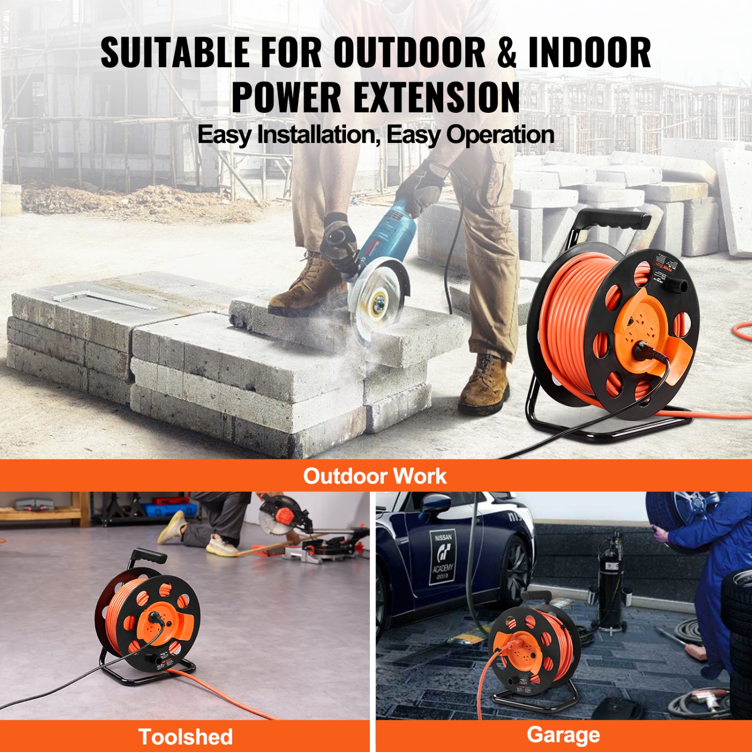 VEVOR 100FT Extension Cord Reel, with 4 Outlets and Dust Cover,Duty 12AWG SJTOW Power Cord, Manual Cord Reel with Handle Circuit Breaker,For Toolshed