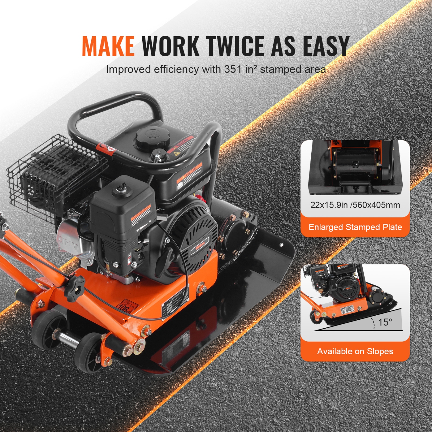 VEVOR 6.5HP Plate Compactor, 196CC Gas Engine, 4200 lbs Vibratory Compaction Tamper, 22.1x15.9in Plate Power Jumping Jack Tamper, 5600 VPM Pavement
