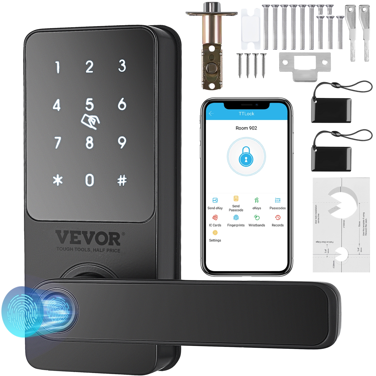 VEVOR Smart Lock, 5-in-1 Smart Door Knob, Fingerprint Deadbolt with App Control, Bluetooth Smart Lock, Keyless Entry Door Lock, Biometric Door Lock,