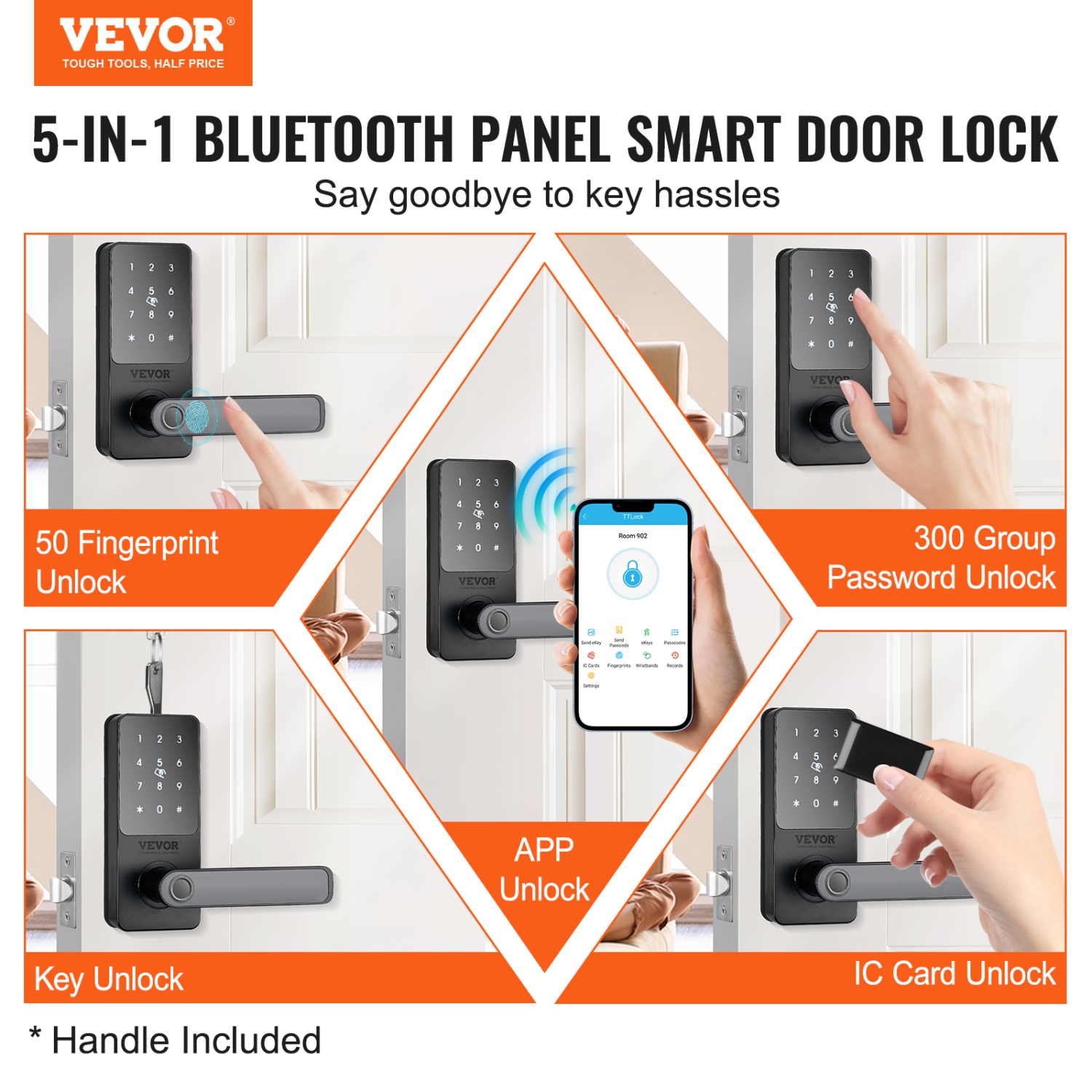 VEVOR Smart Lock, 5-in-1 Smart Door Knob, Fingerprint Deadbolt with App Control, Bluetooth Smart Lock, Keyless Entry Door Lock, Biometric Door Lock,