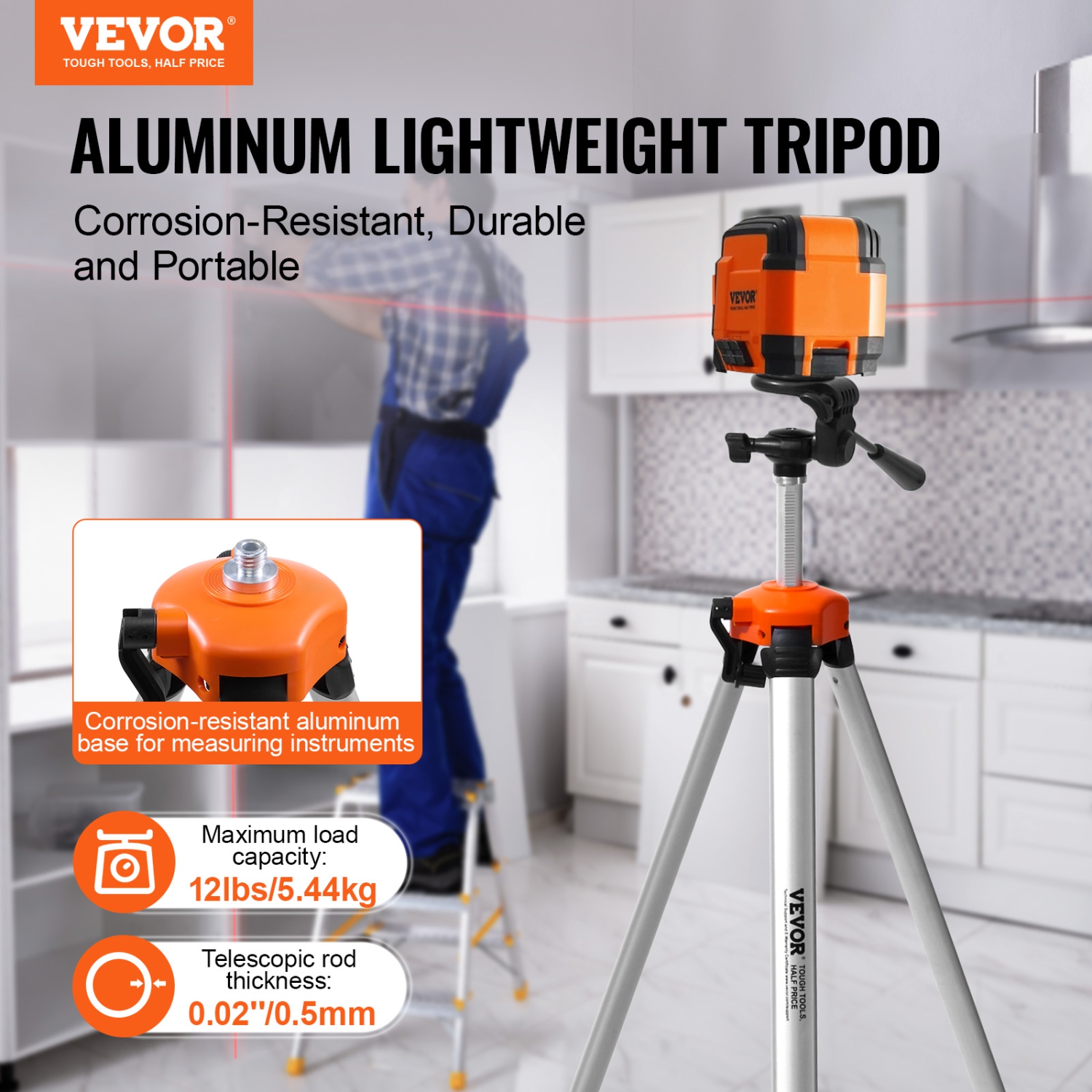 VEVOR Laser Level Tripod, ¼ x 20 Thread Mount, 27.36-68.11 inch Height Adjustment with Integrated Level Bubble Lightweight Laser Scanner Stand,