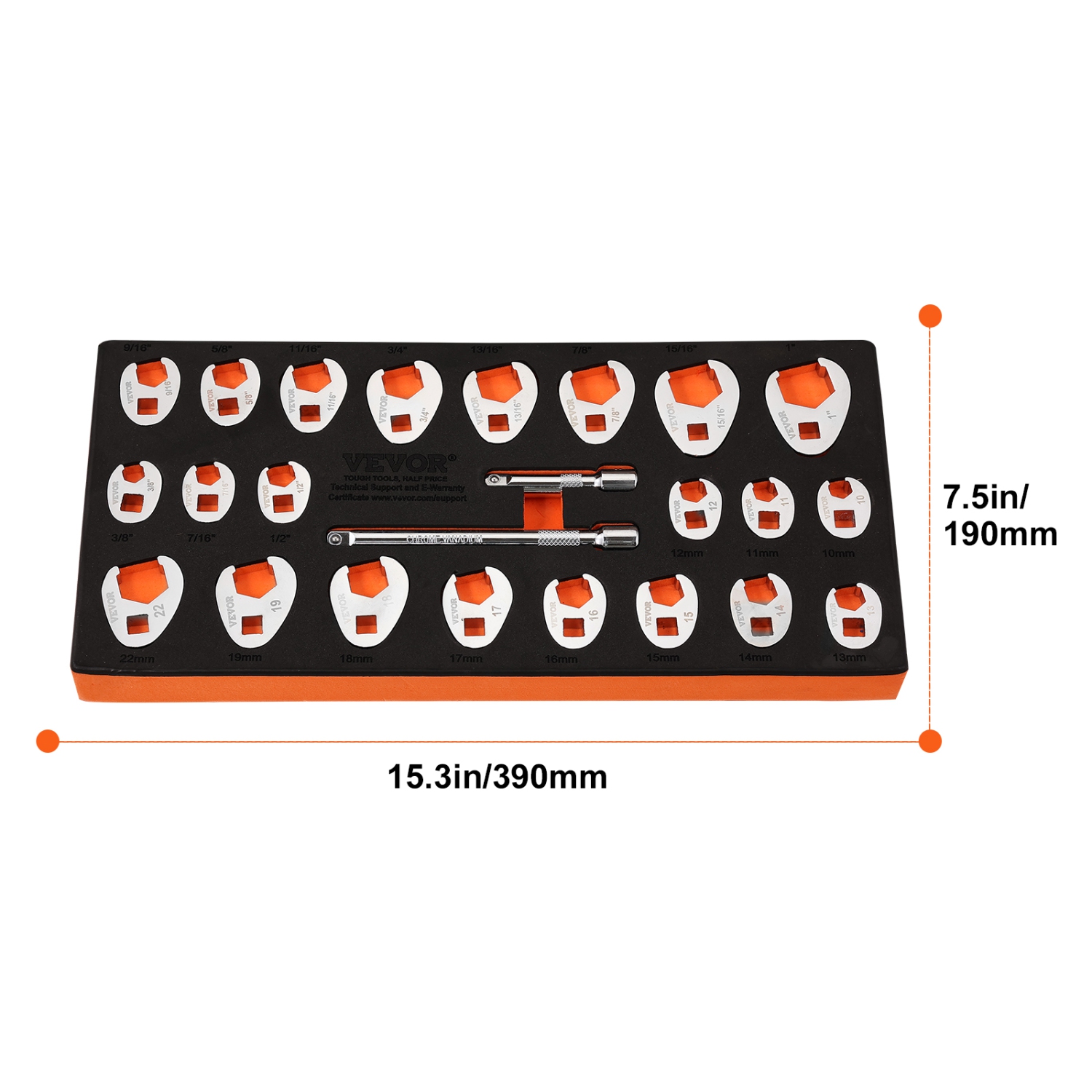 VEVOR 3/8" Drive Crowfoot Wrench Set with 2 Extension Bars, 24-Piece Crows Foot Wrench Set, SAE 3/8"-1" and Metric 10-22mm, CR-MO Steel Crowfoot