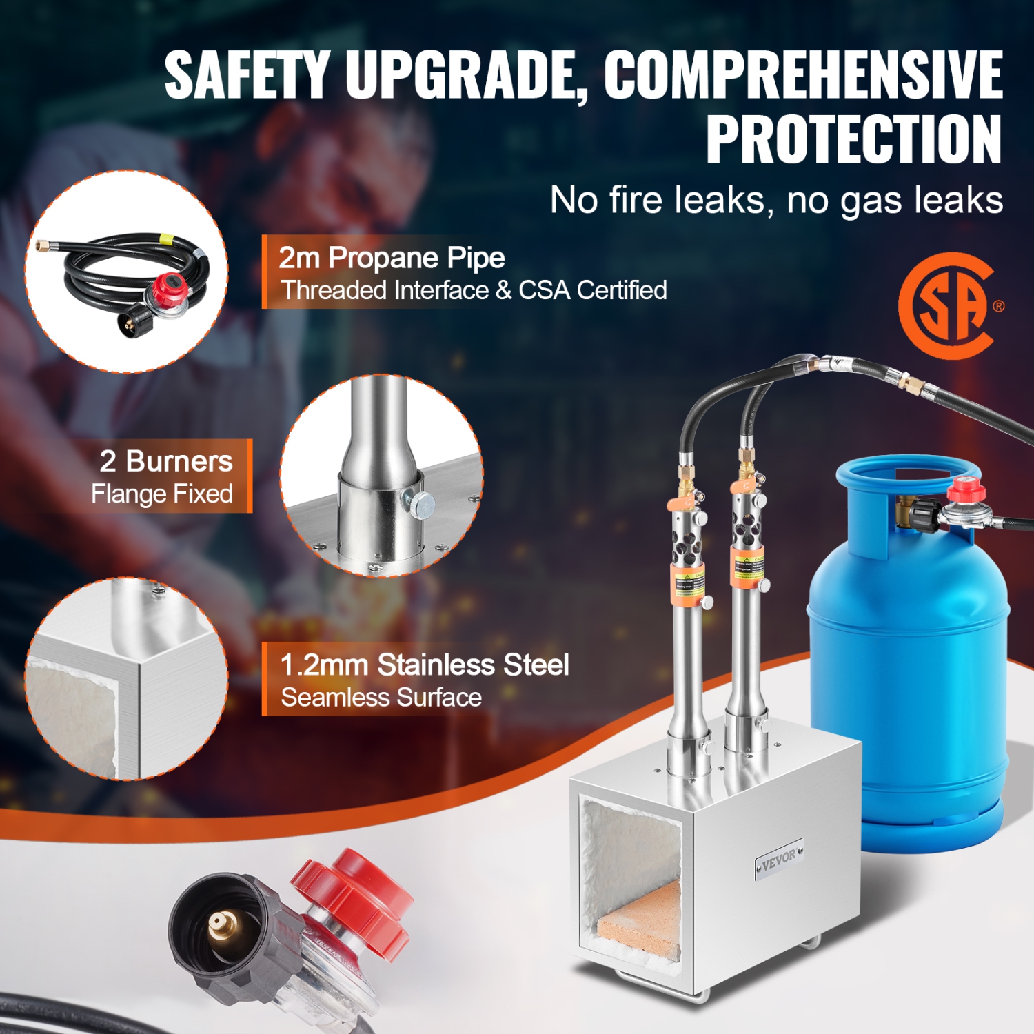 VEVOR Portable Propane Forge, 2 Burner Farrier Forge, 2600℉ Tool and Knife Making Blacksmithing Gas Forge, Large Capacity Square Stainless Steel Gas