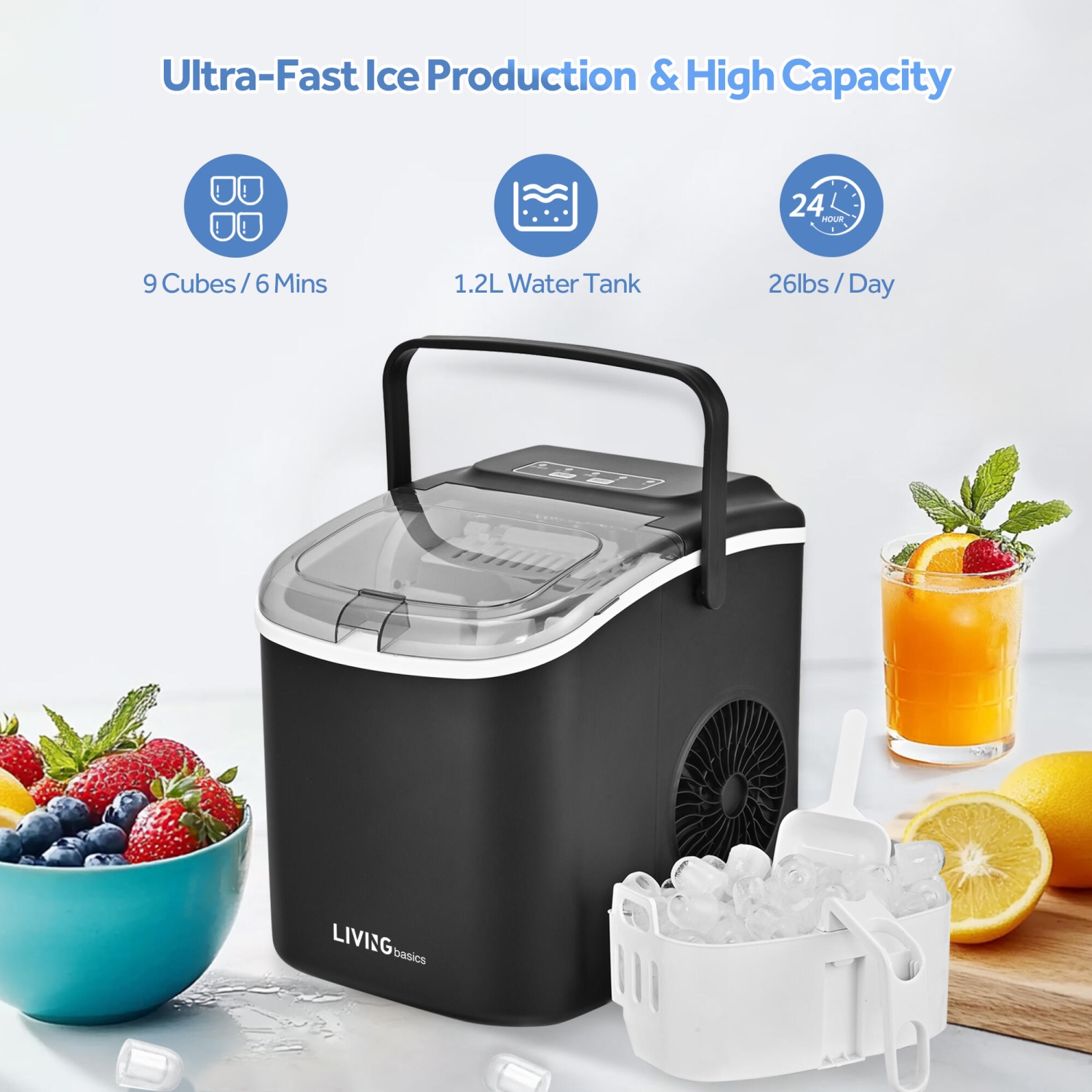 Countertop Ice Maker, 26lbs in 24Hrs, 9 Ice Cubes Ready in 6 Mins, Auto-Cleaning Portable Ice Making Machine Stainless Steel