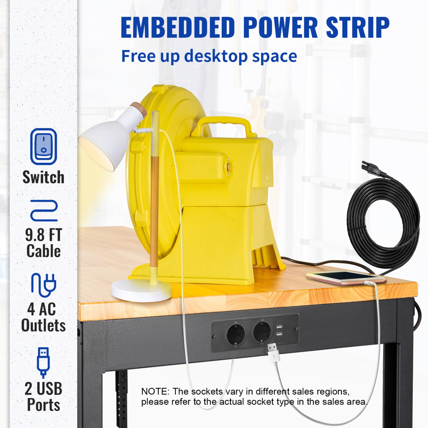 VEVOR 61"L X 20"W X 36"H Workbench Adjustable Height, Garage Table with 27.1" - 36" Heights & 2000 LBS Load Capacity, with Power Outlets & Hardwood