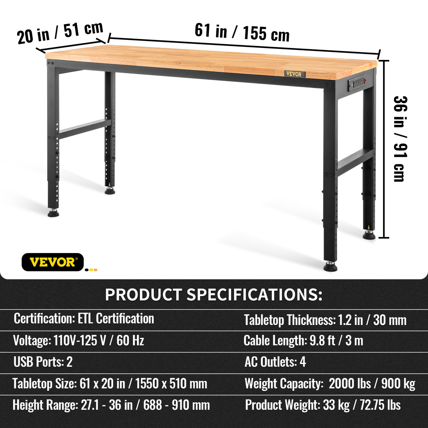 VEVOR 61"L X 20"W X 36"H Workbench Adjustable Height, Garage Table with 27.1" - 36" Heights & 2000 LBS Load Capacity, with Power Outlets & Hardwood