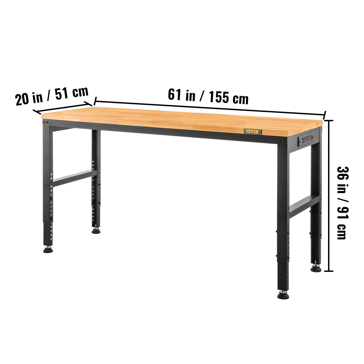 VEVOR 61"L X 20"W X 36"H Workbench Adjustable Height, Garage Table with 27.1" - 36" Heights & 2000 LBS Load Capacity, with Power Outlets & Hardwood