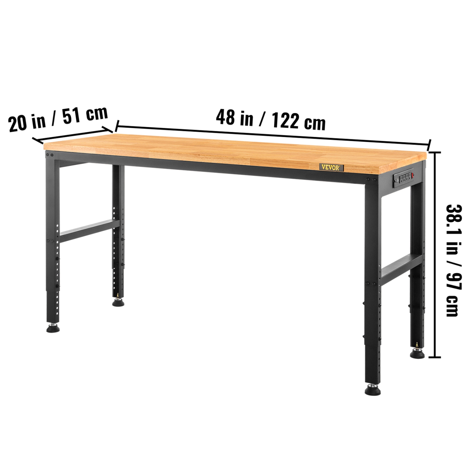 Établi VEVOR 48 38 long. X 20 larg. X 38 haut., hauteur réglable, table de garage de 28,3 po à 1,1 po, capacité de charge de 2000 LB,