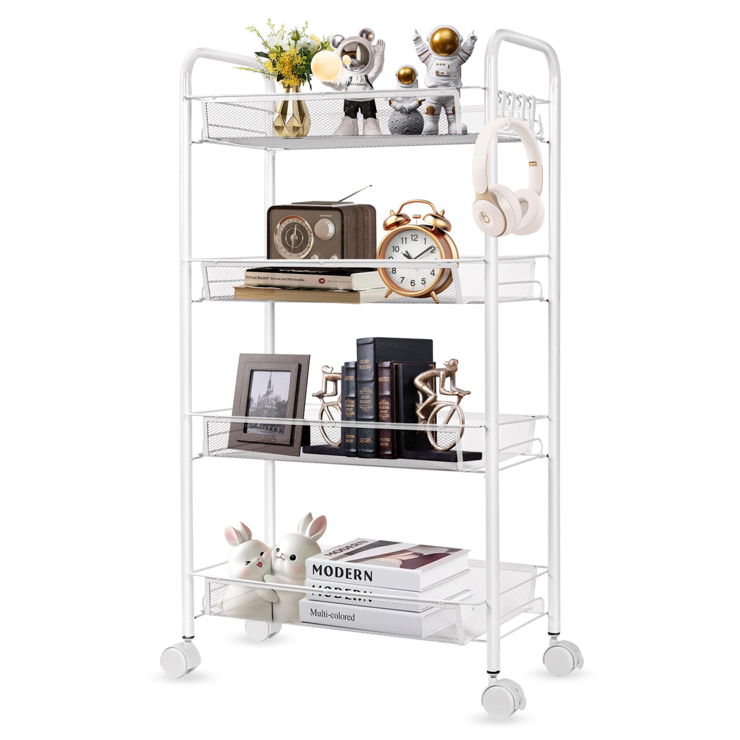 4-Tier Metal Utility Cart, Rolling Cart Storage Trolley with 4 Hooks, Slide Out Shelving Units