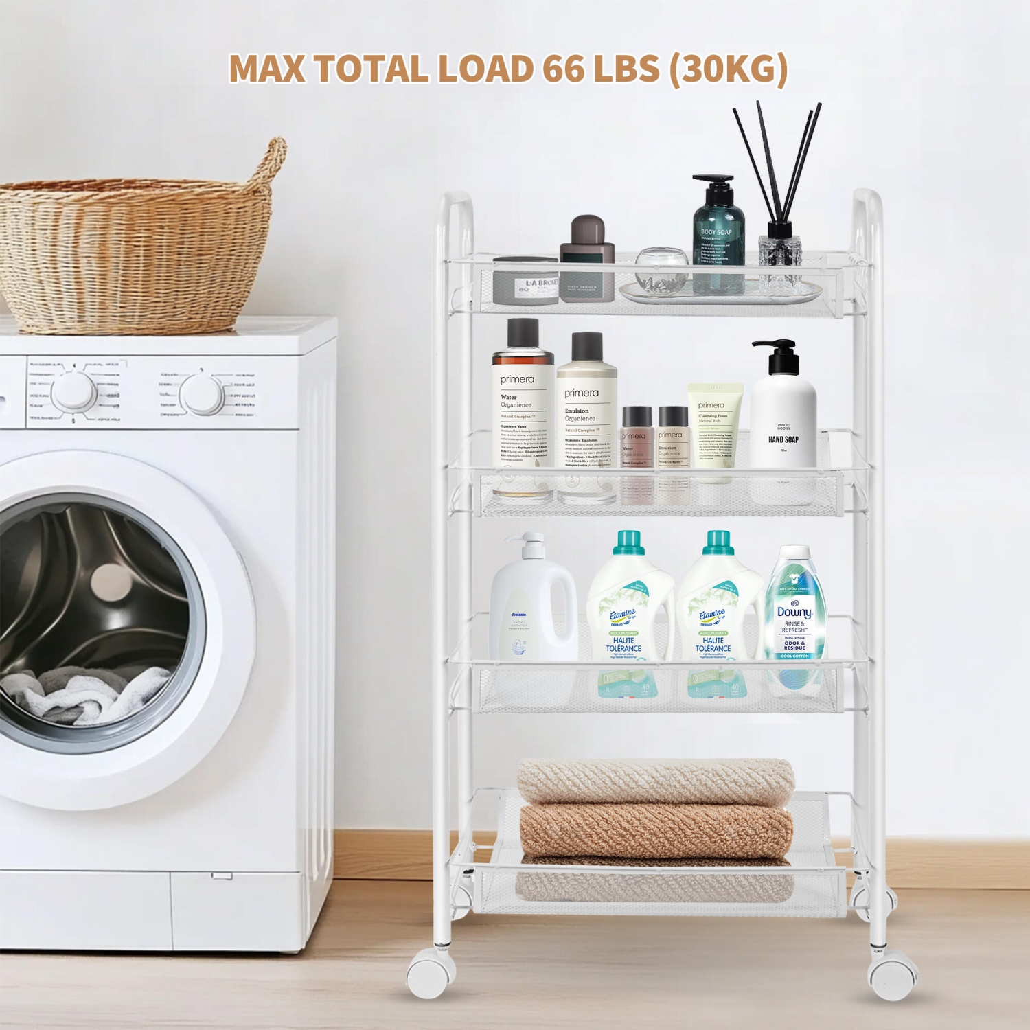 4-Tier Metal Utility Cart, Rolling Cart Storage Trolley with 4 Hooks, Slide Out Shelving Units