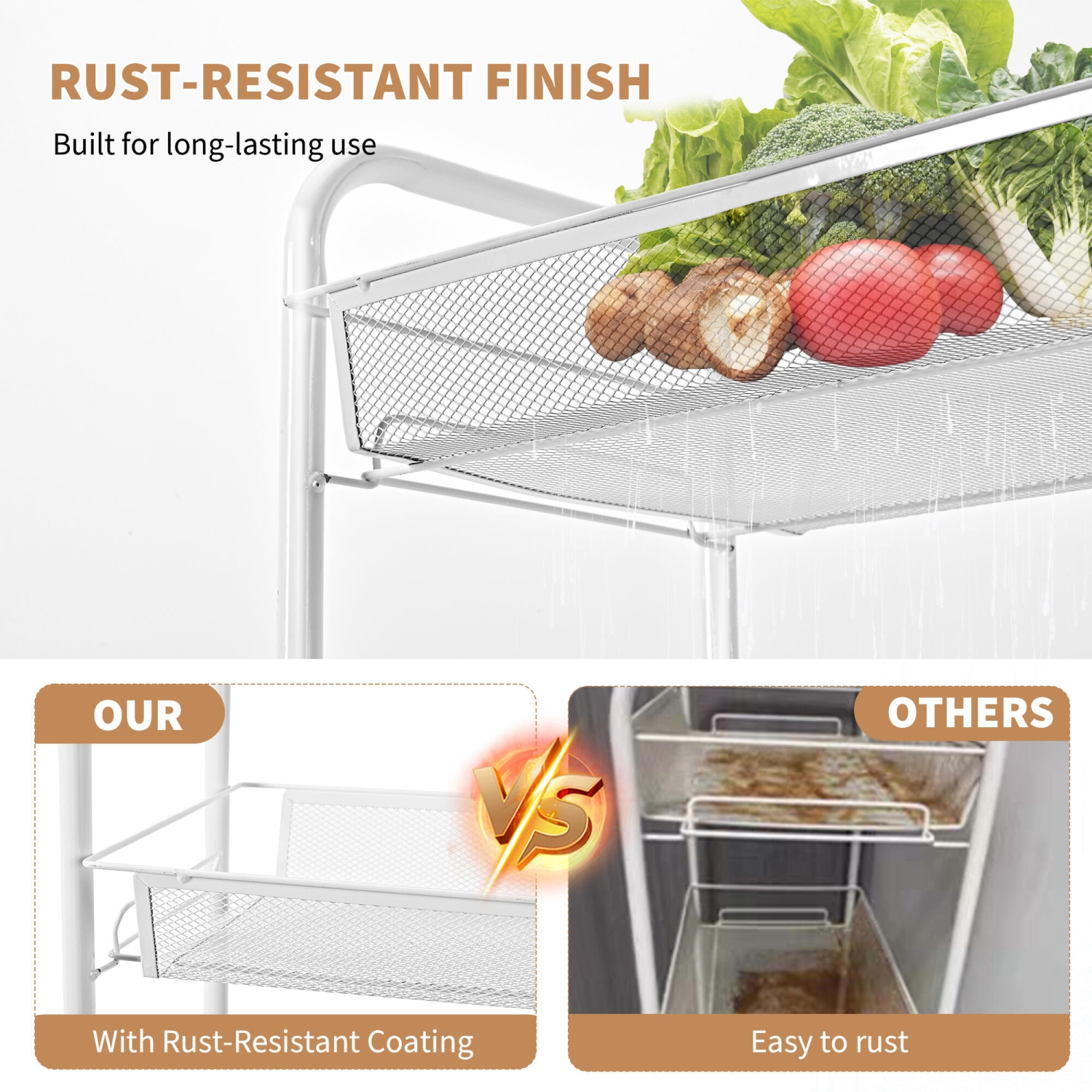 4-Tier Metal Utility Cart, Rolling Cart Storage Trolley with 4 Hooks, Slide Out Shelving Units