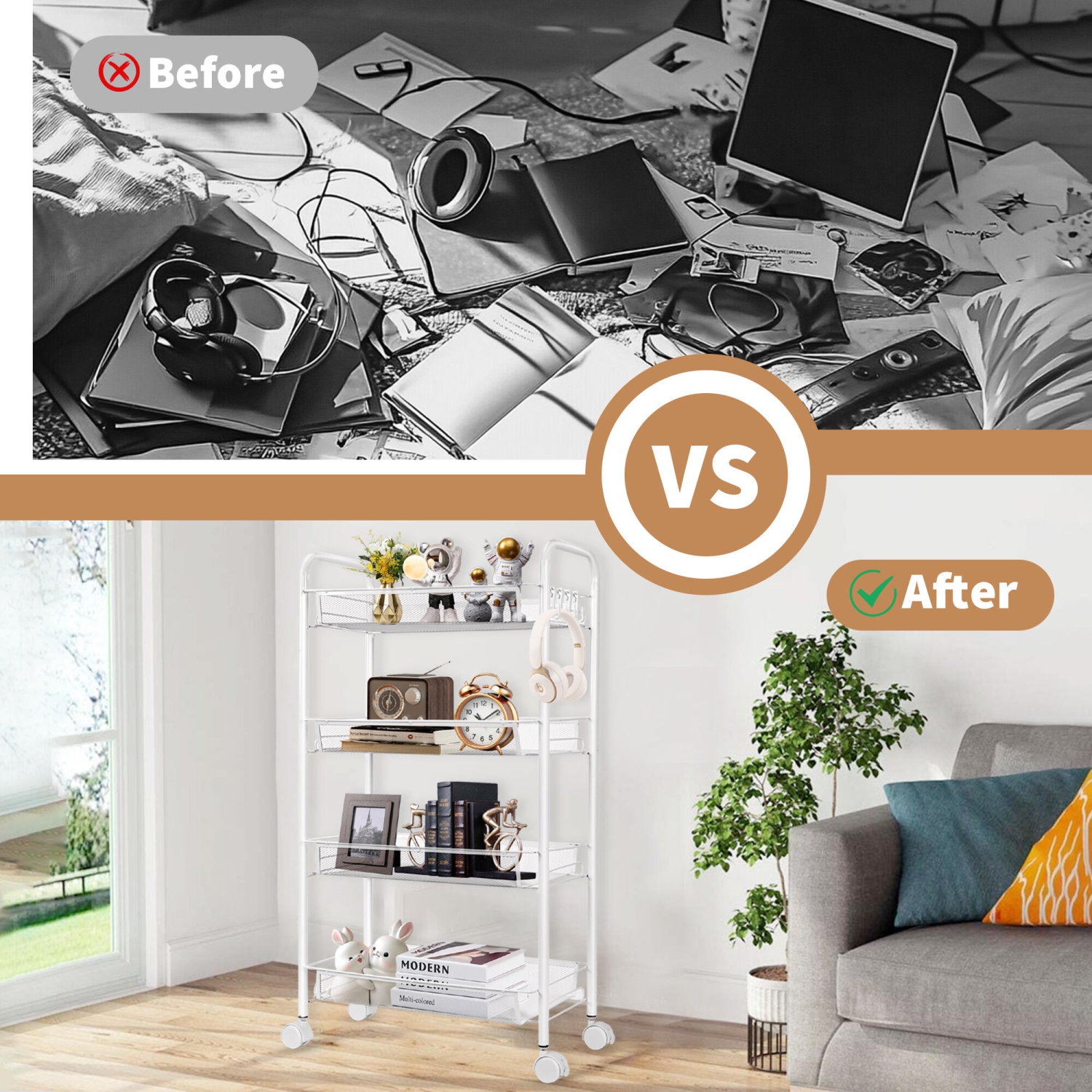 4-Tier Metal Utility Cart, Rolling Cart Storage Trolley with 4 Hooks, Slide Out Shelving Units