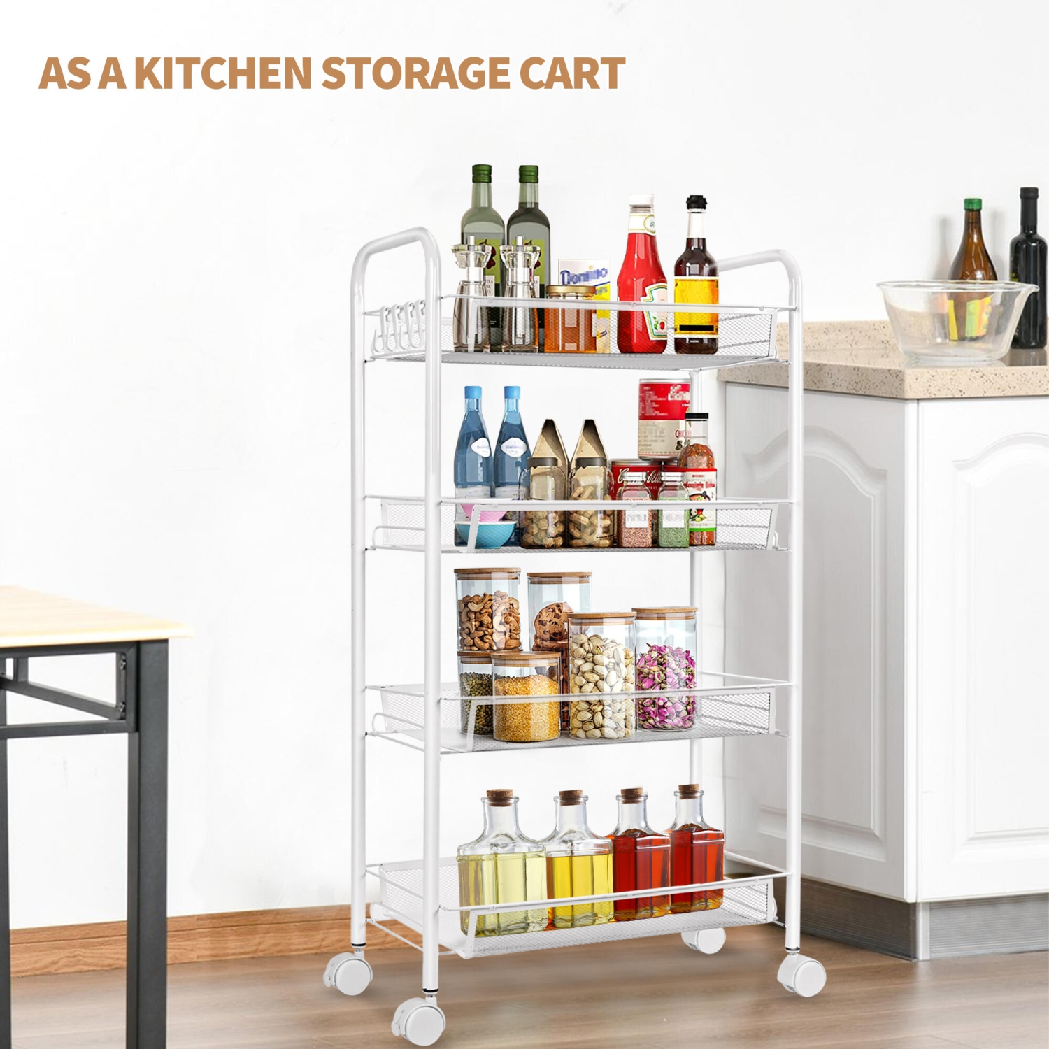 4-Tier Metal Utility Cart, Rolling Cart Storage Trolley with 4 Hooks, Slide Out Shelving Units