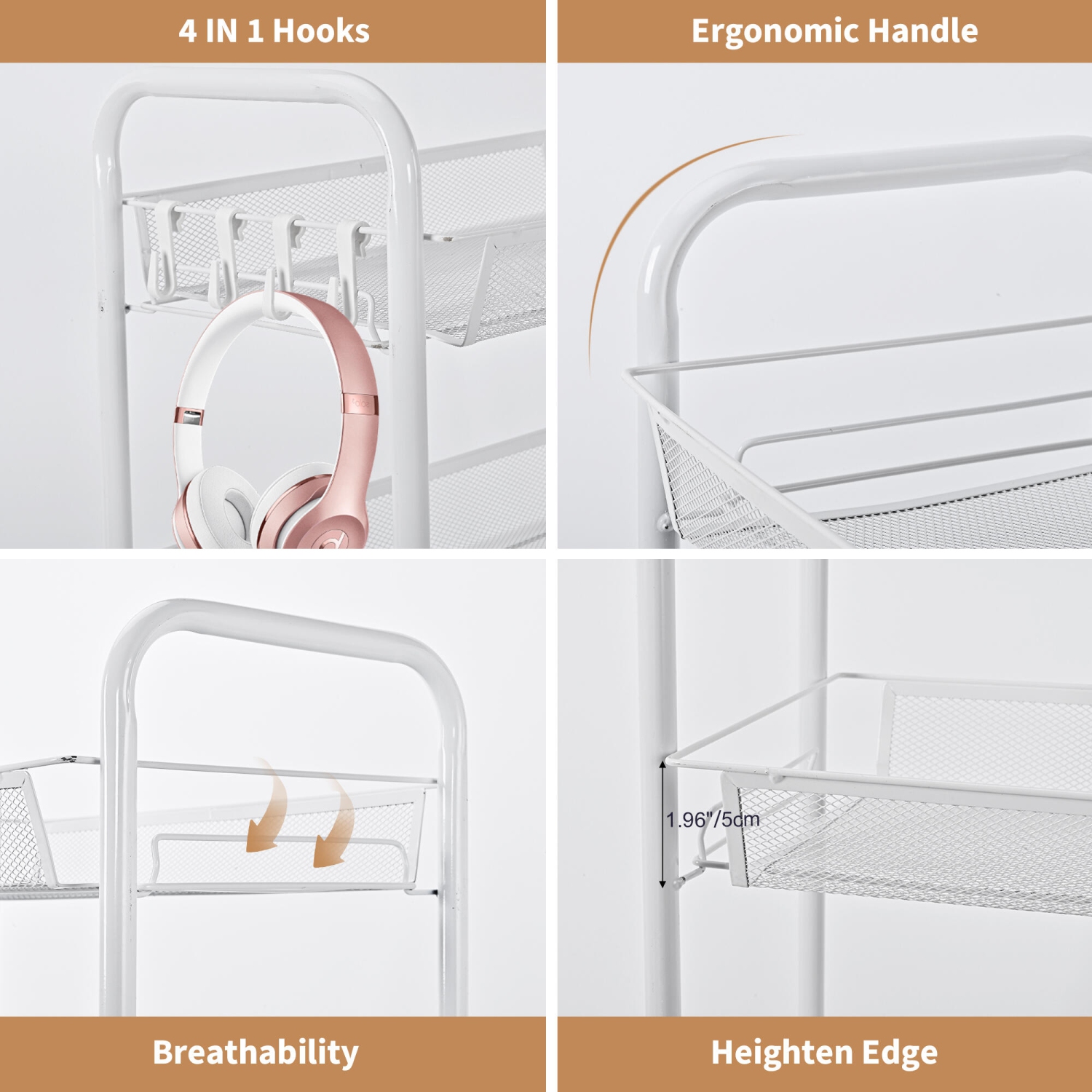 4-Tier Metal Utility Cart, Rolling Cart Storage Trolley with 4 Hooks, Slide Out Shelving Units