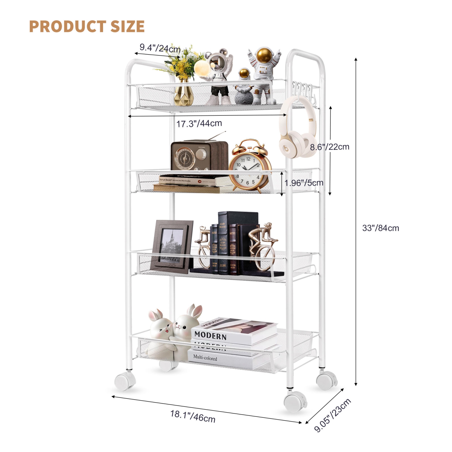 4-Tier Metal Utility Cart, Rolling Cart Storage Trolley with 4 Hooks, Slide Out Shelving Units