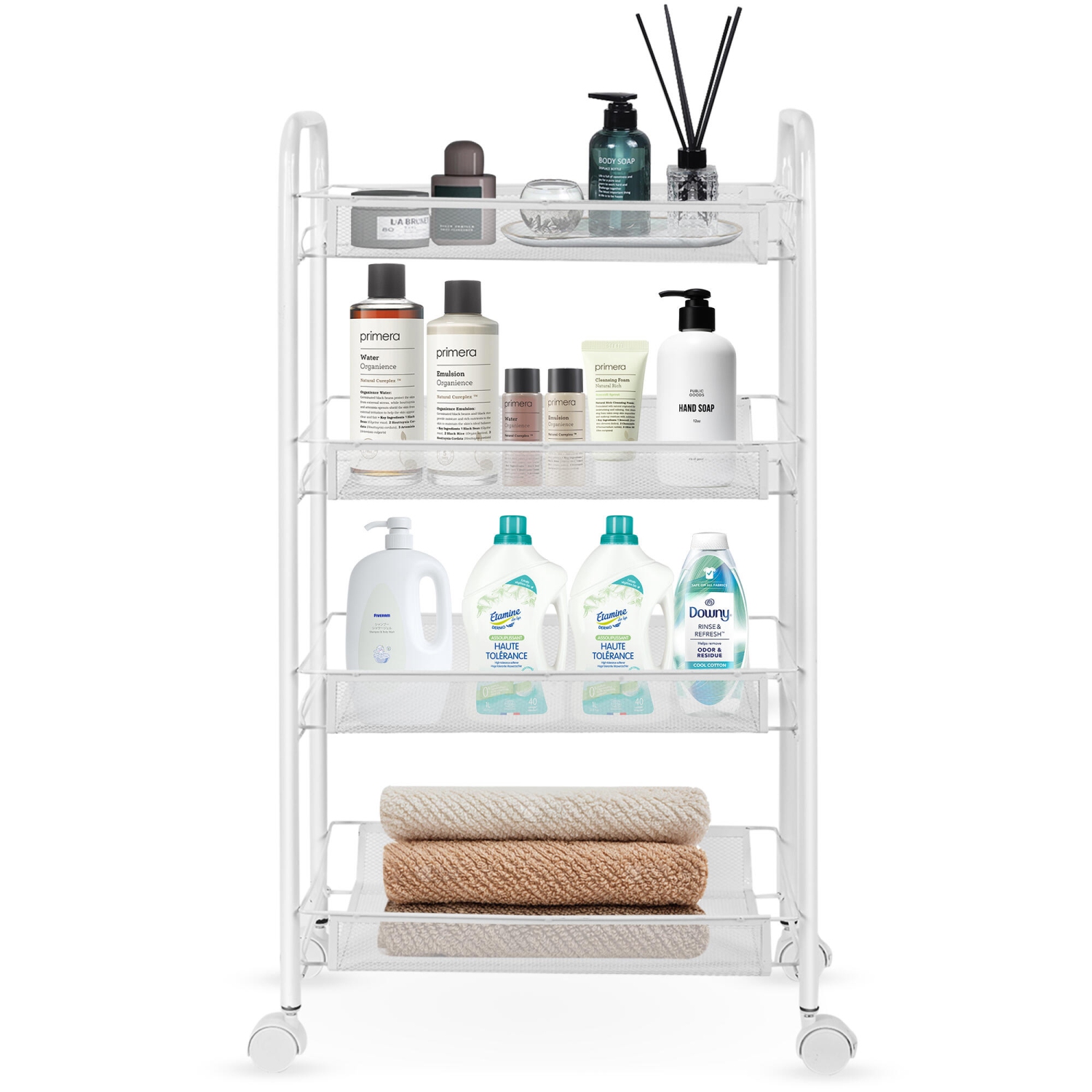 4-Tier Metal Utility Cart, Rolling Cart Storage Trolley with 4 Hooks, Slide Out Shelving Units