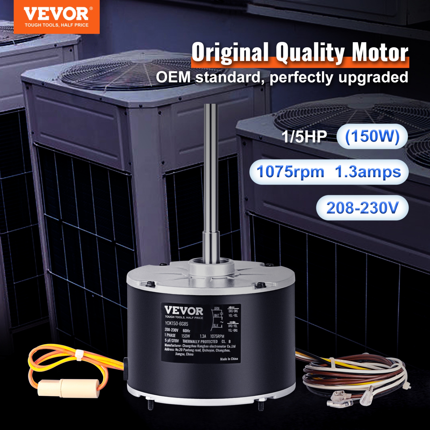 VEVOR K55HXJKL-2918 Condenser Fan Motor, 51-23055-11, 1/5 HP 208-230V, 1075RPM, OEM Standard Upgraded Replacement Condenser Motor Reversible