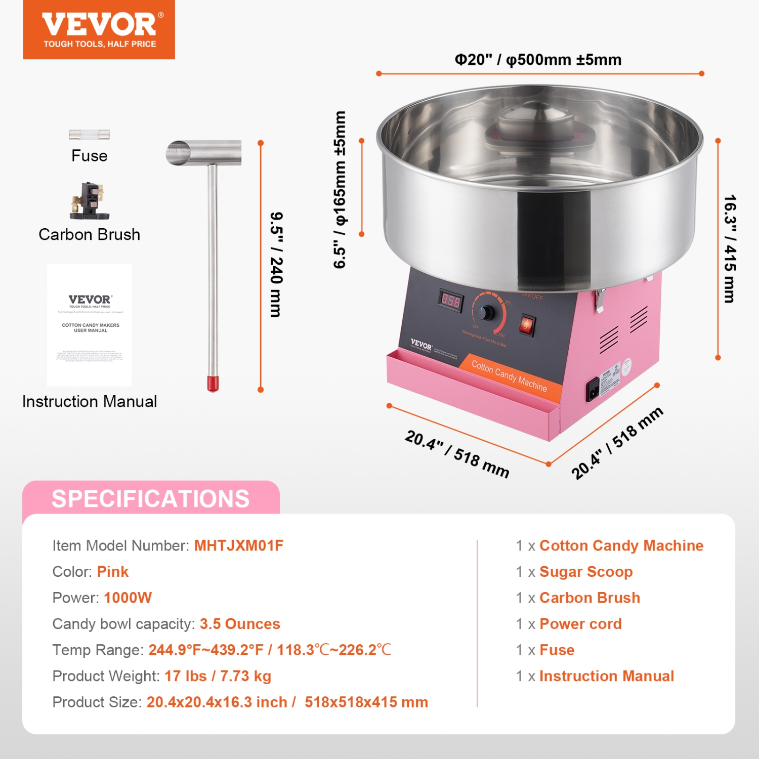 VEVOR 1000W ,Electric Cotton Candy Machine, Candy Floss Maker, Commercial Cotton Candy Machine with Stainless Steel Bowl, and Sugar Scoop, Perfect