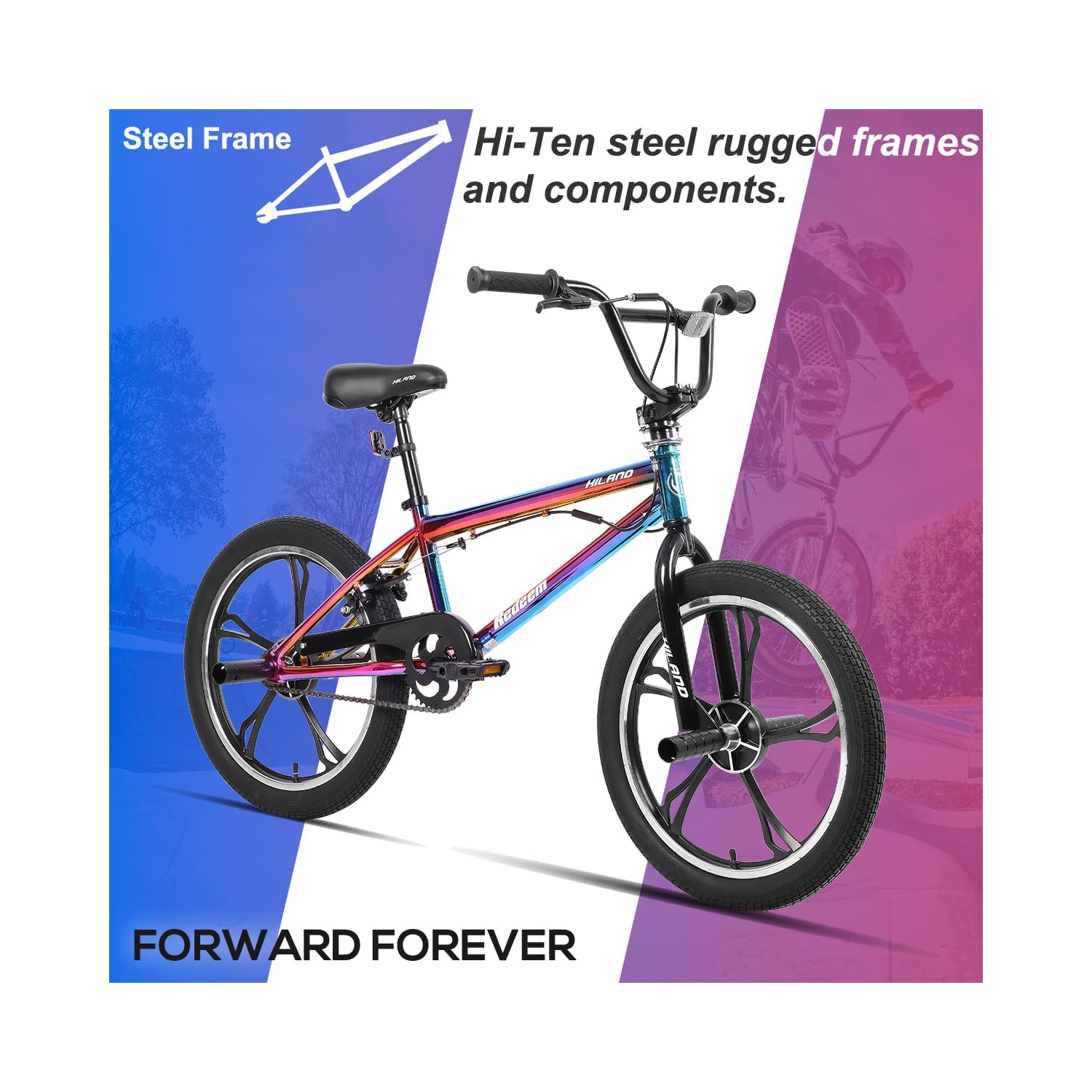 Hiland Redeem 3.0 20 Inch Kids BMX Bike for Boys Girls Ages 7-12, 360 Degree Rotor Freestyle, 4 Pegs 5 Spokes Mag Wheels BMX Bicycle Oil Slick